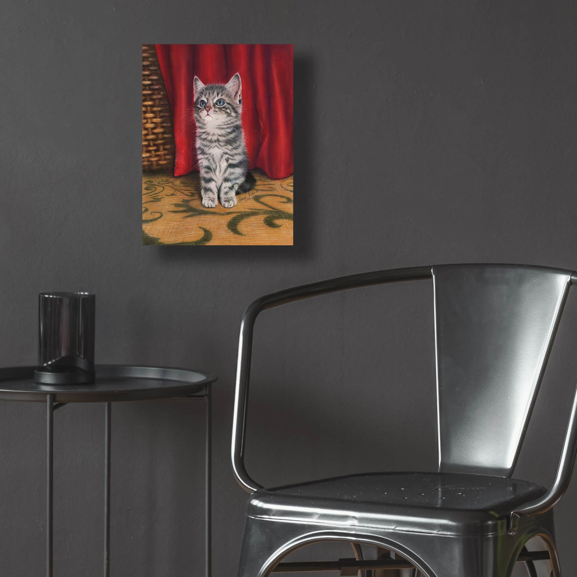 Epic Art 'Grey Kitten And Red Curtain' by Janet Pidoux, Acrylic Glass Wall Art,12x16