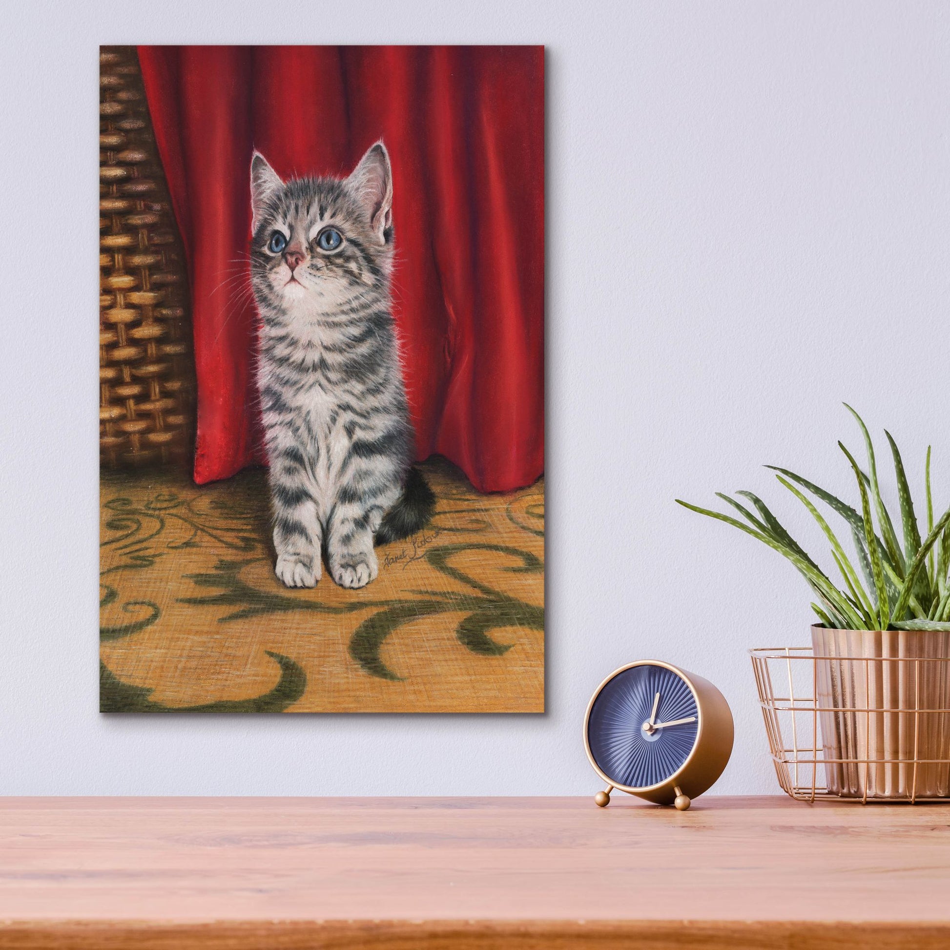 Epic Art 'Grey Kitten And Red Curtain' by Janet Pidoux, Acrylic Glass Wall Art,12x16