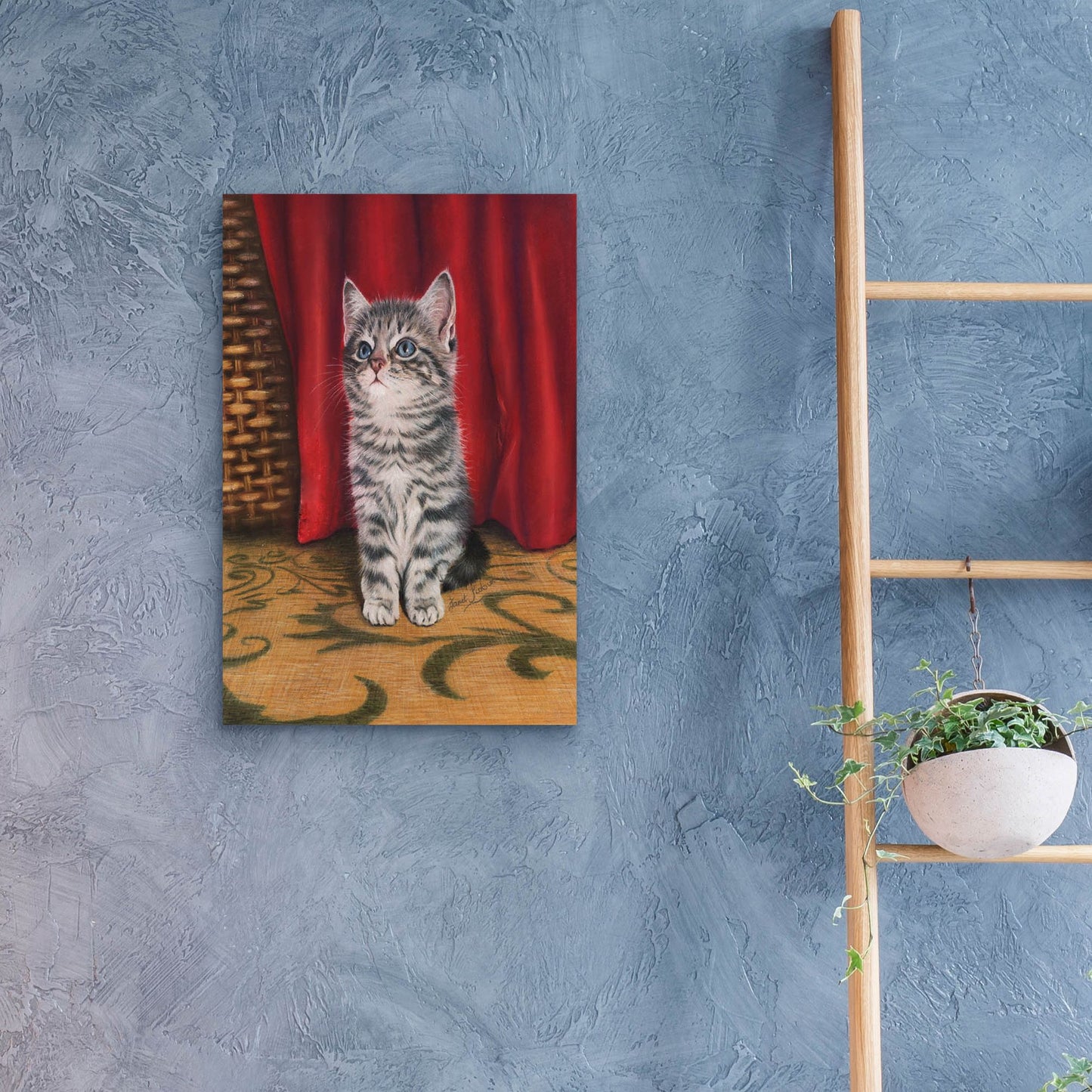 Epic Art 'Grey Kitten And Red Curtain' by Janet Pidoux, Acrylic Glass Wall Art,16x24