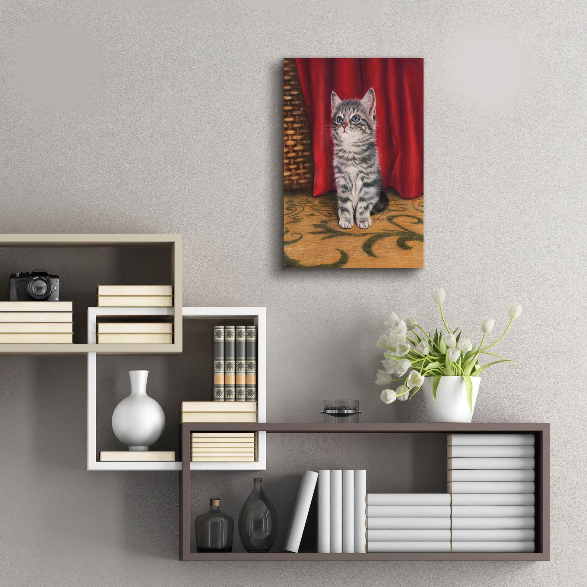 Epic Art 'Grey Kitten And Red Curtain' by Janet Pidoux, Acrylic Glass Wall Art,16x24