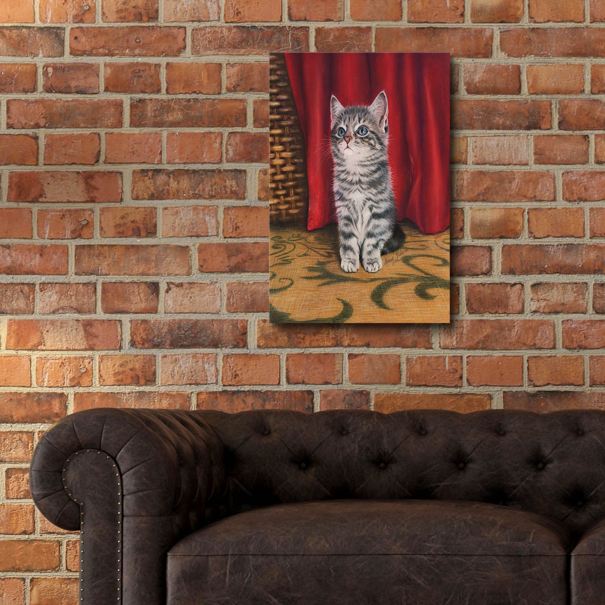 Epic Art 'Grey Kitten And Red Curtain' by Janet Pidoux, Acrylic Glass Wall Art,16x24