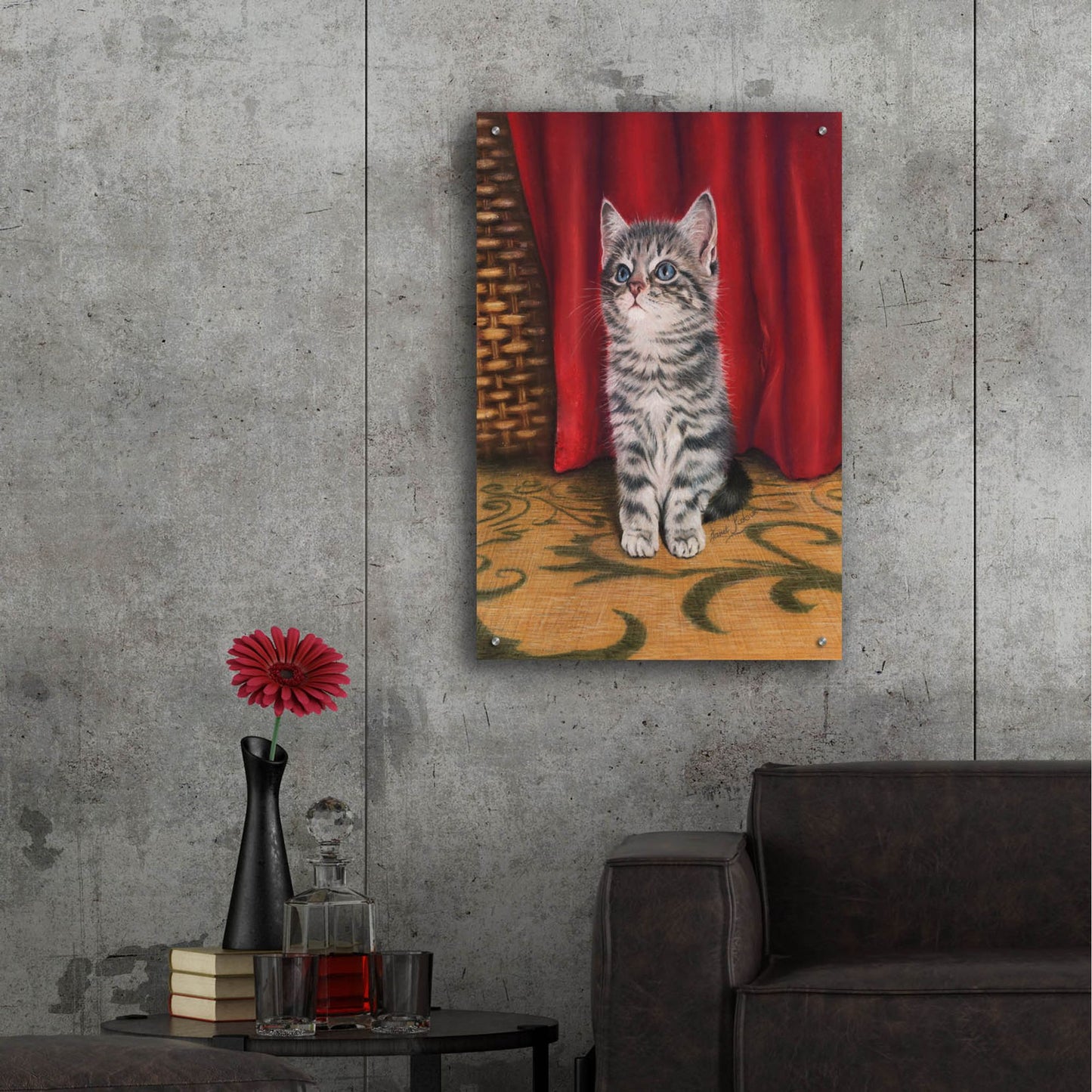 Epic Art 'Grey Kitten And Red Curtain' by Janet Pidoux, Acrylic Glass Wall Art,24x36