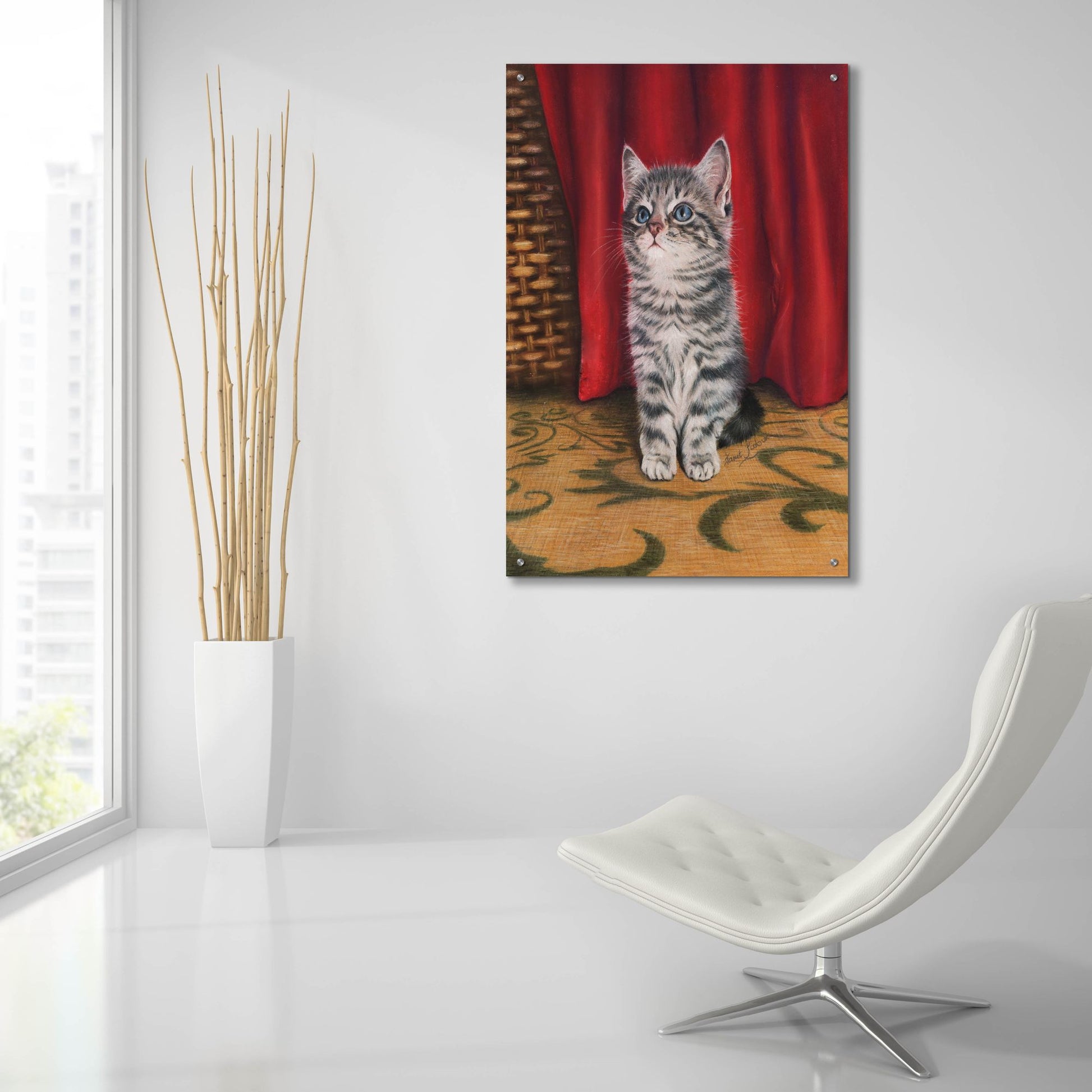 Epic Art 'Grey Kitten And Red Curtain' by Janet Pidoux, Acrylic Glass Wall Art,24x36