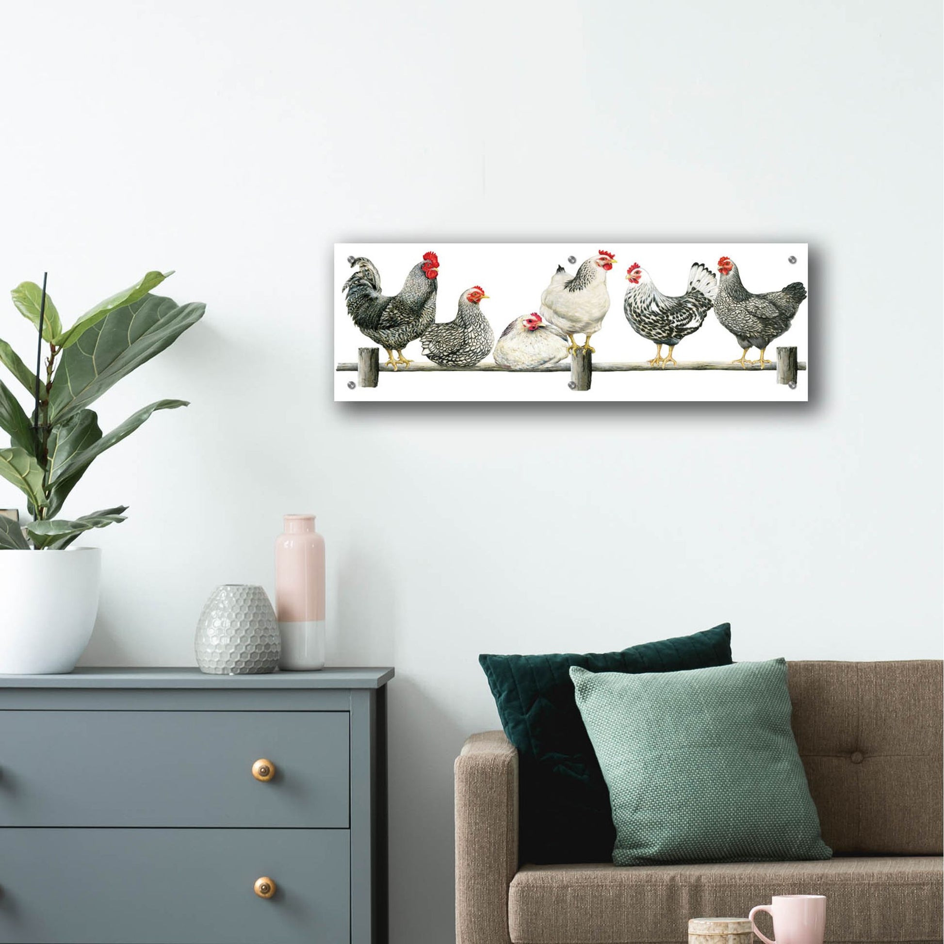 Epic Art 'Hens, White Background' by Janet Pidoux, Acrylic Glass Wall Art,36x12