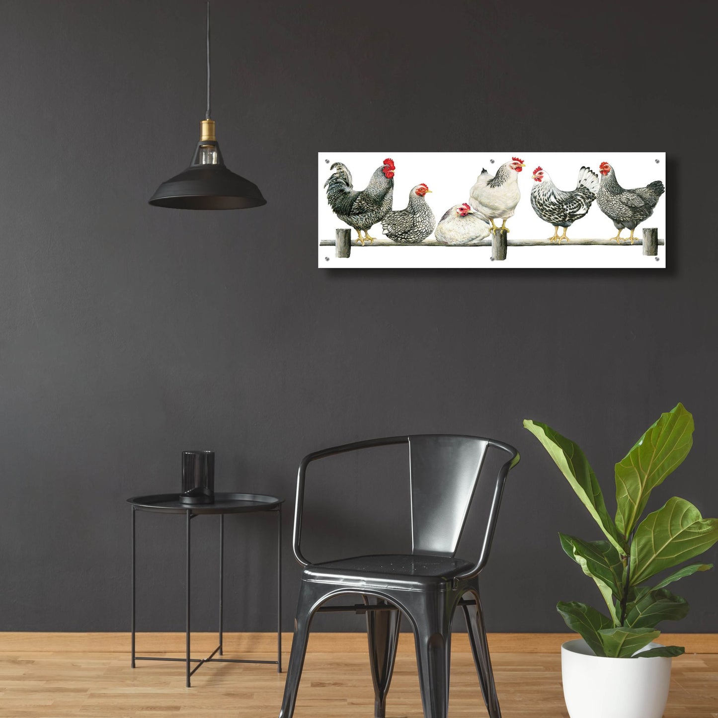 Epic Art 'Hens, White Background' by Janet Pidoux, Acrylic Glass Wall Art,48x16