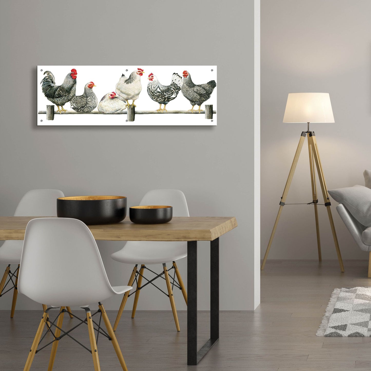 Epic Art 'Hens, White Background' by Janet Pidoux, Acrylic Glass Wall Art,48x16