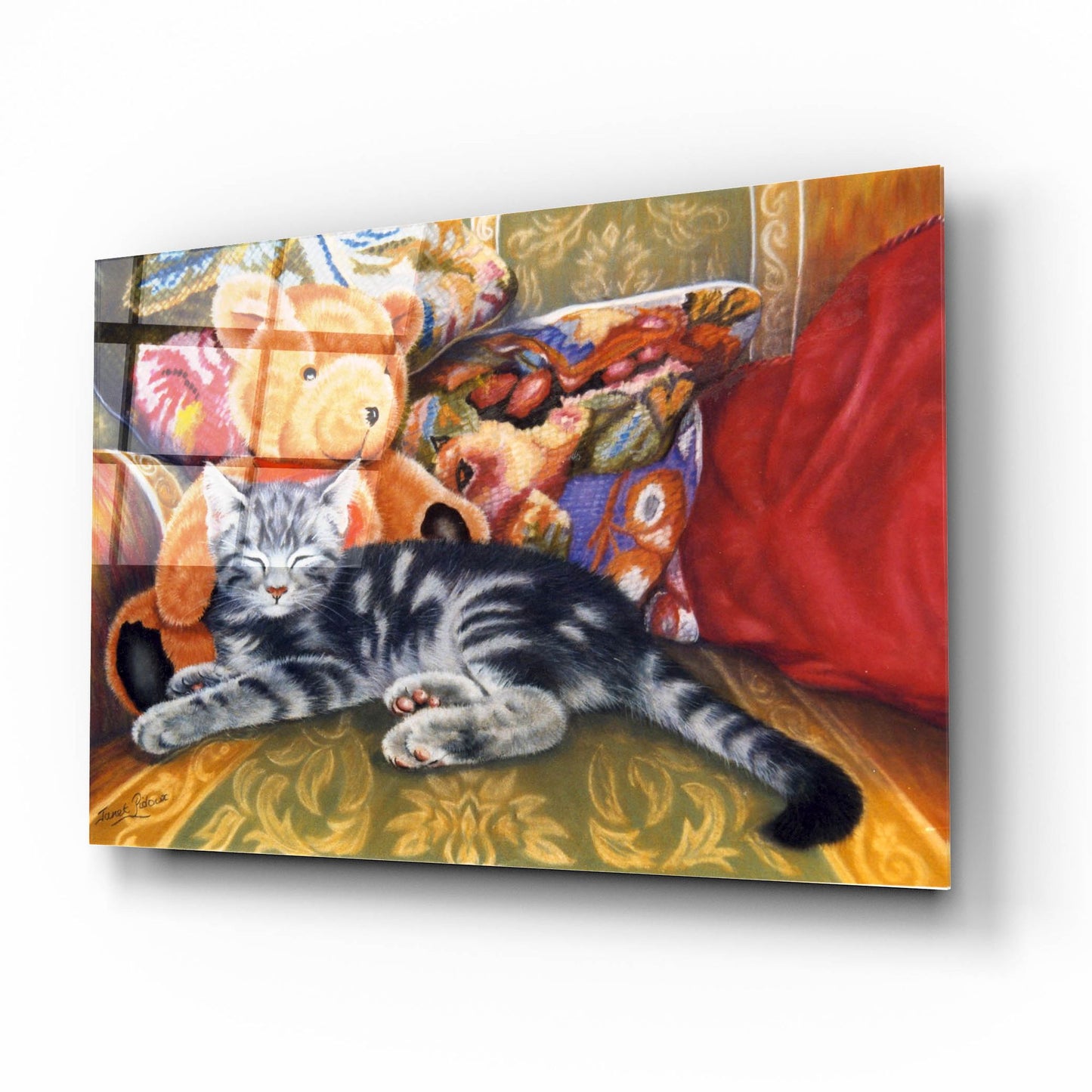 Epic Art 'Kitten, Teddy & Cushions' by Janet Pidoux, Acrylic Glass Wall Art,16x12