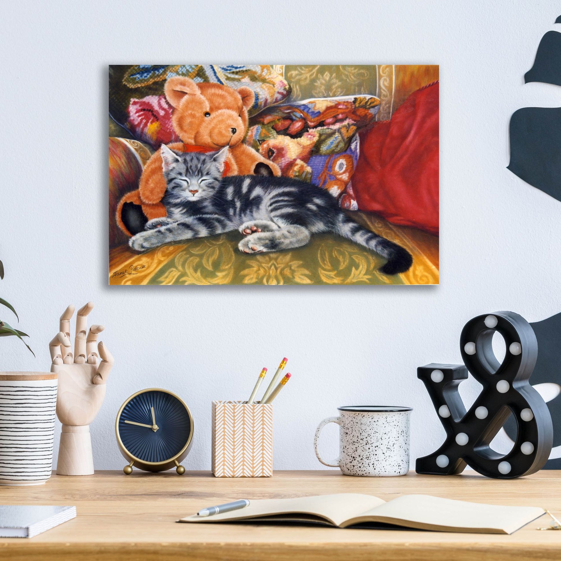 Epic Art 'Kitten, Teddy & Cushions' by Janet Pidoux, Acrylic Glass Wall Art,16x12