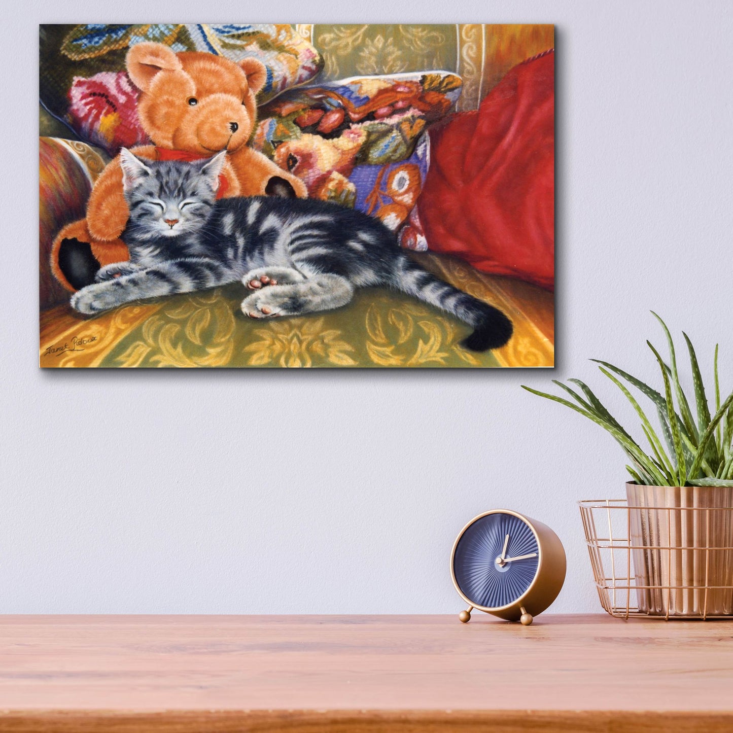 Epic Art 'Kitten, Teddy & Cushions' by Janet Pidoux, Acrylic Glass Wall Art,16x12