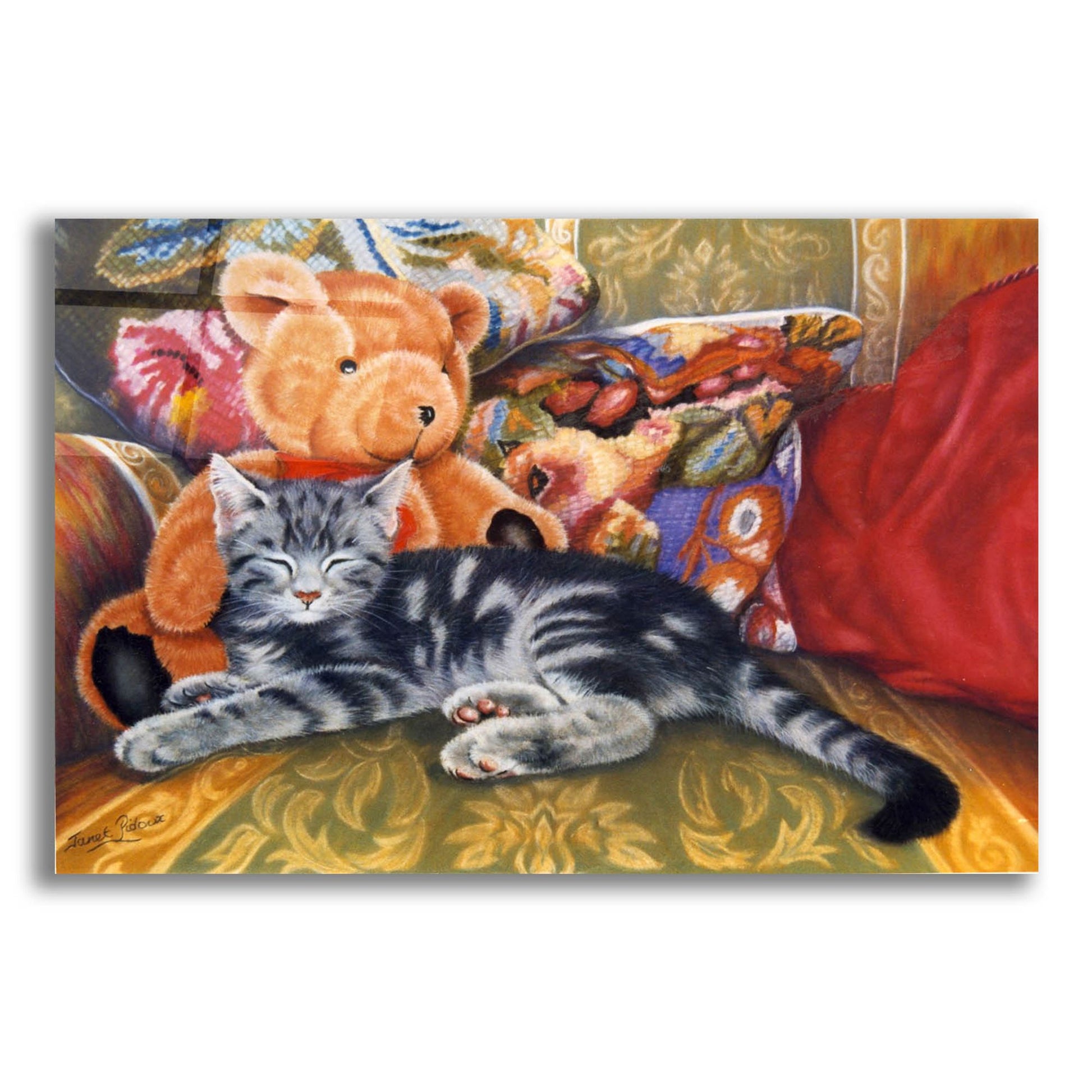 Epic Art 'Kitten, Teddy & Cushions' by Janet Pidoux, Acrylic Glass Wall Art,16x12