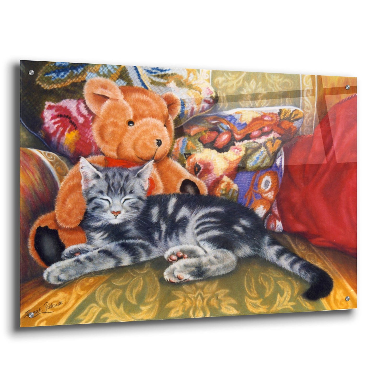 Epic Art 'Kitten, Teddy & Cushions' by Janet Pidoux, Acrylic Glass Wall Art,36x24