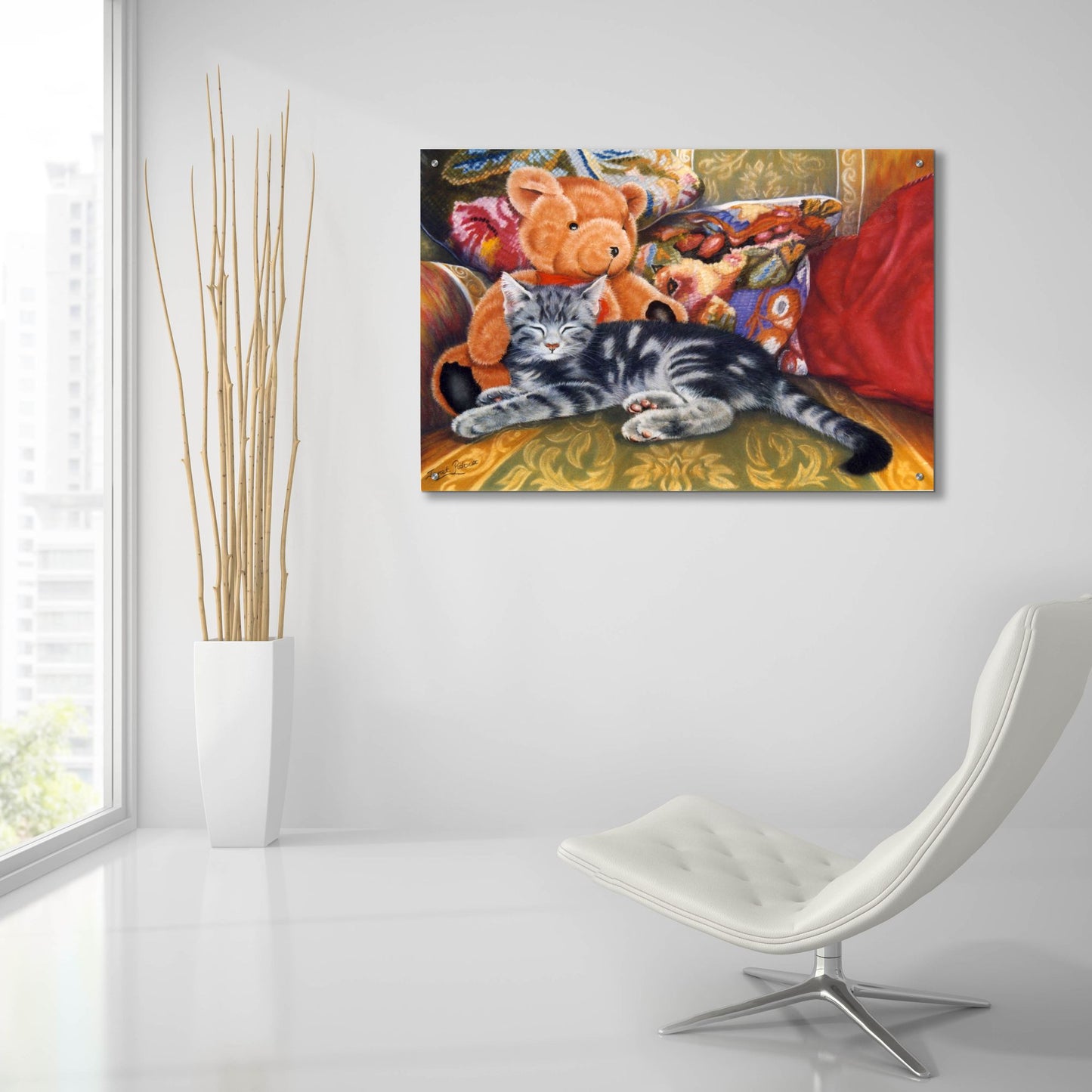 Epic Art 'Kitten, Teddy & Cushions' by Janet Pidoux, Acrylic Glass Wall Art,36x24