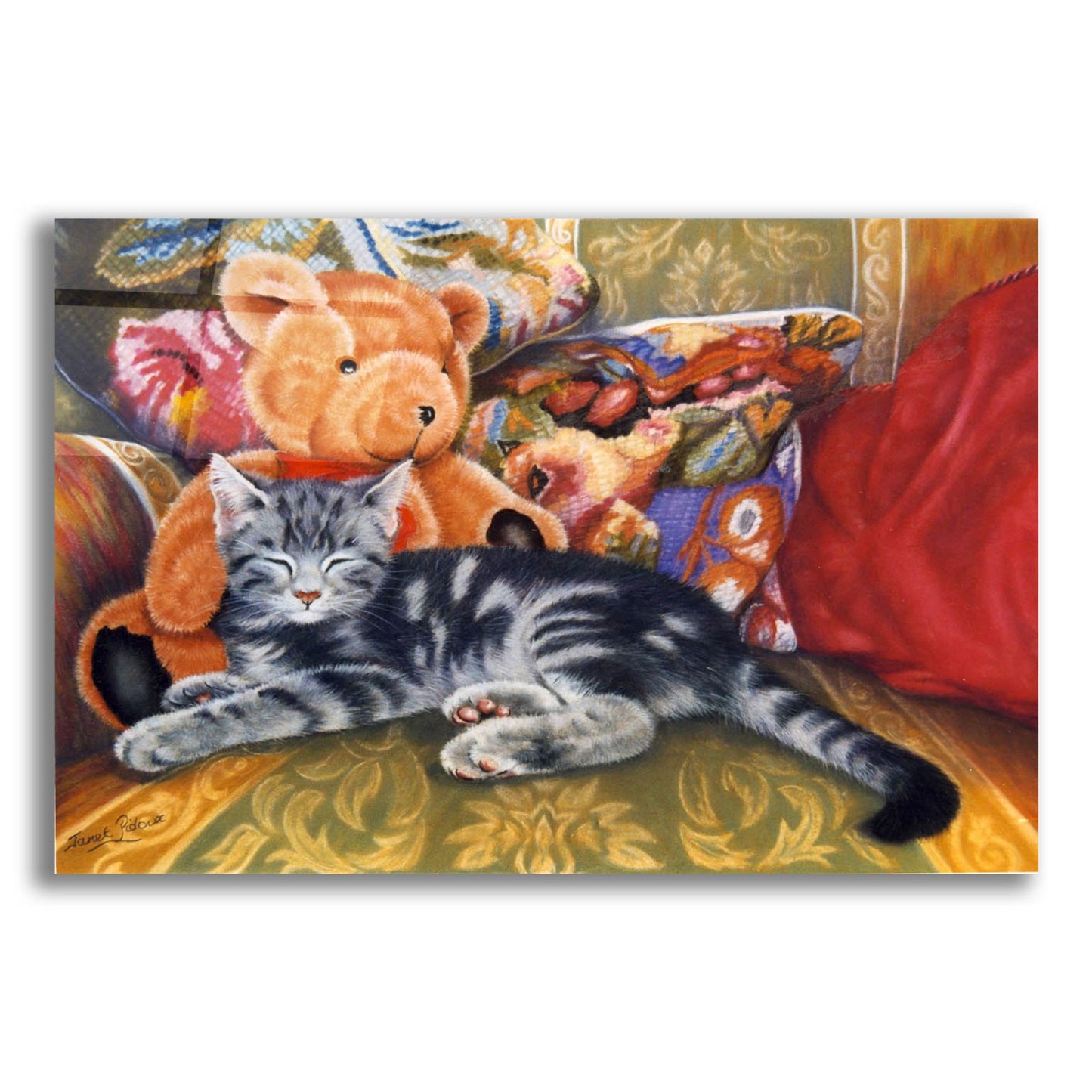 Epic Art 'Kitten, Teddy & Cushions' by Janet Pidoux, Acrylic Glass Wall Art