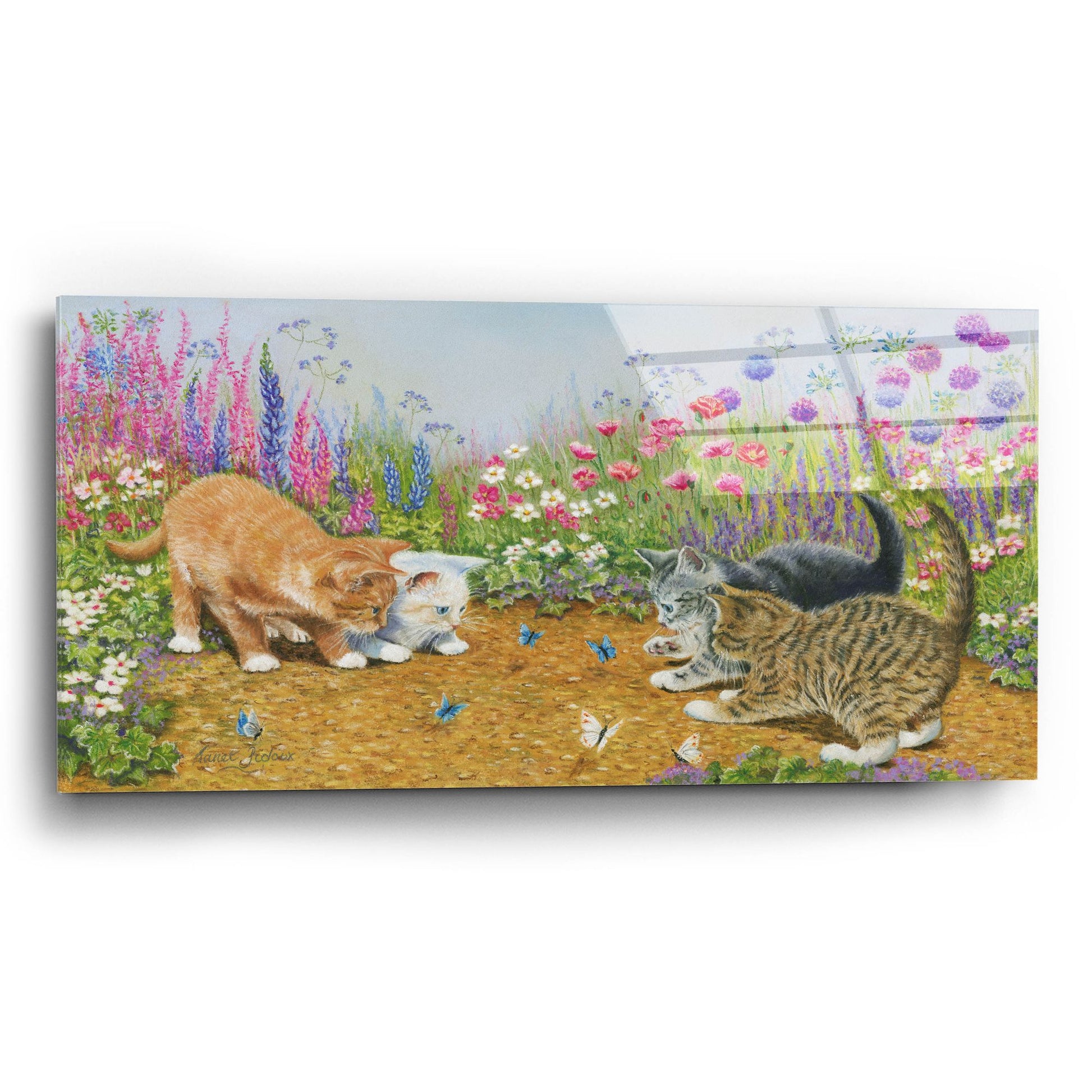 Epic Art 'Kittens And Butterflies' by Janet Pidoux, Acrylic Glass Wall Art,24x12