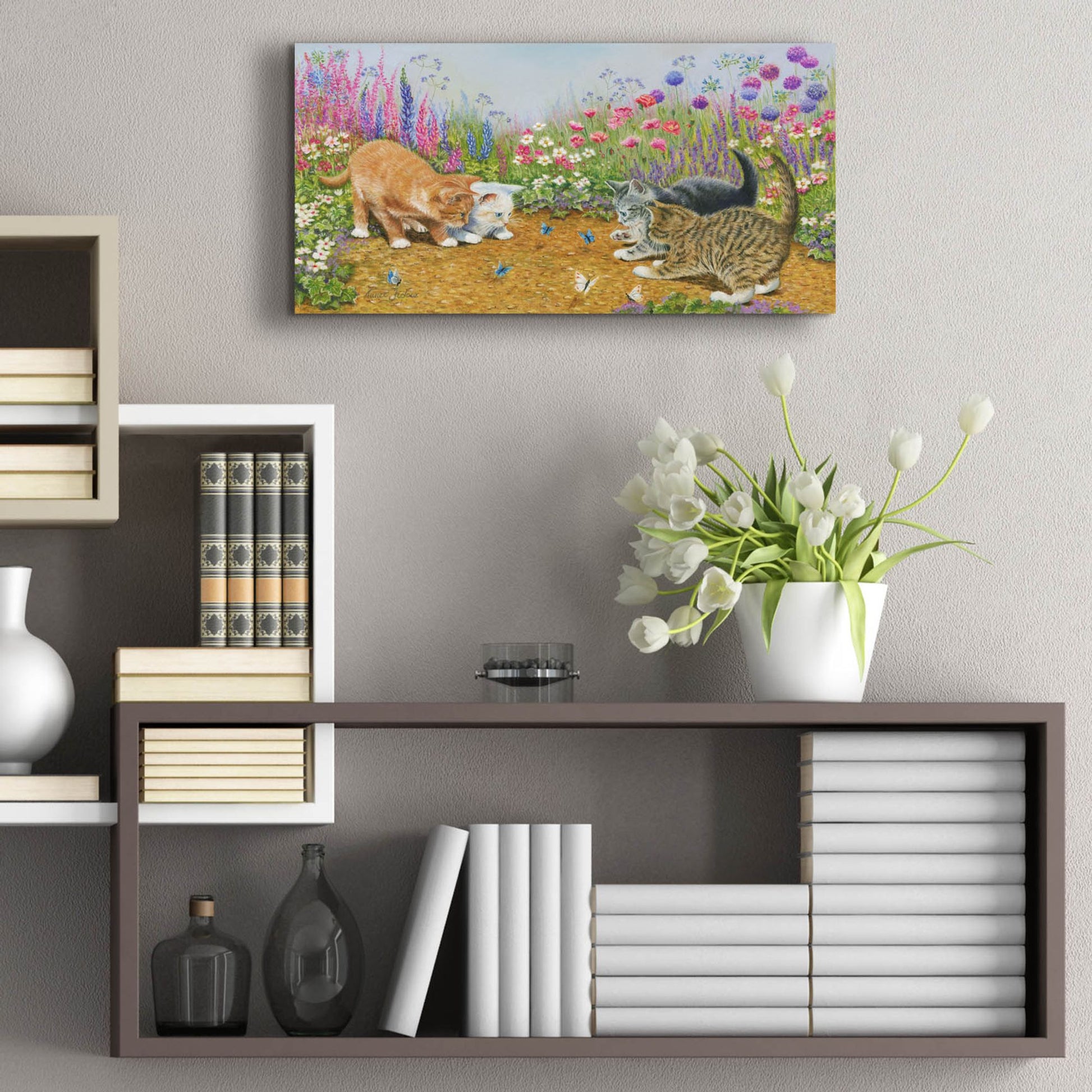 Epic Art 'Kittens And Butterflies' by Janet Pidoux, Acrylic Glass Wall Art,24x12