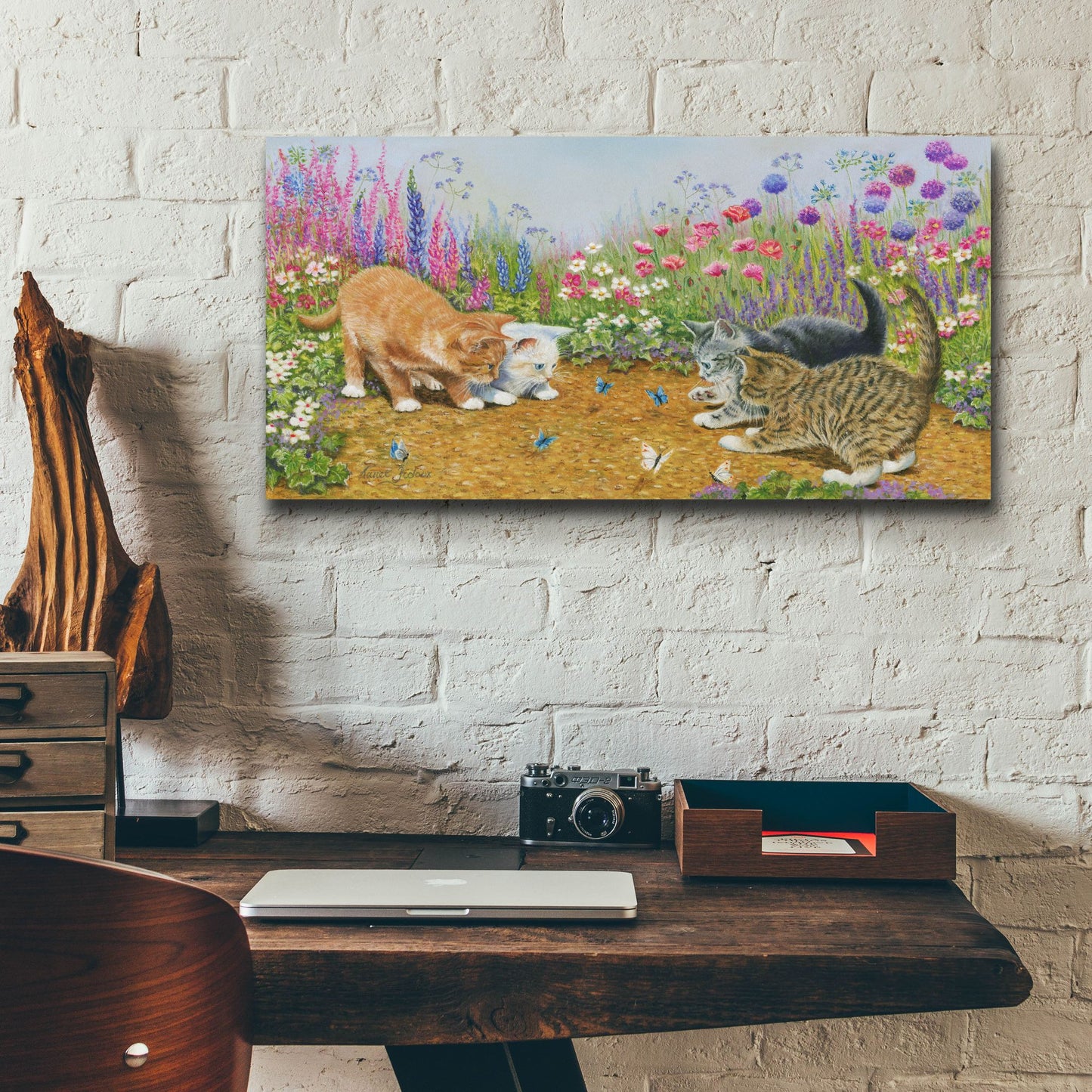 Epic Art 'Kittens And Butterflies' by Janet Pidoux, Acrylic Glass Wall Art,24x12