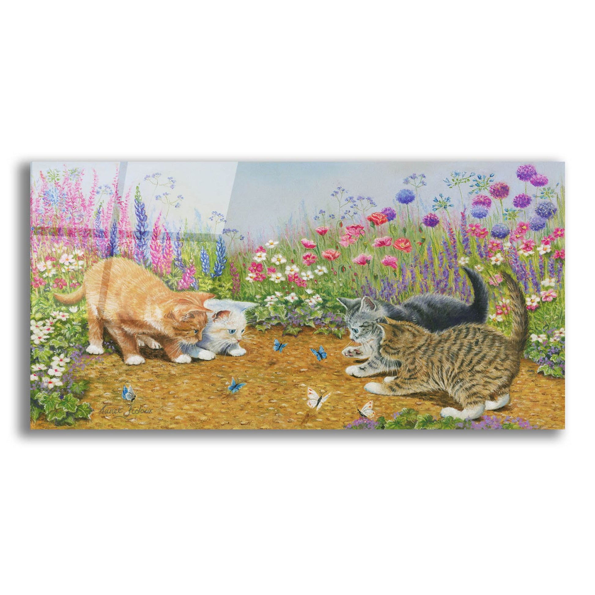 Epic Art 'Kittens And Butterflies' by Janet Pidoux, Acrylic Glass Wall Art,24x12