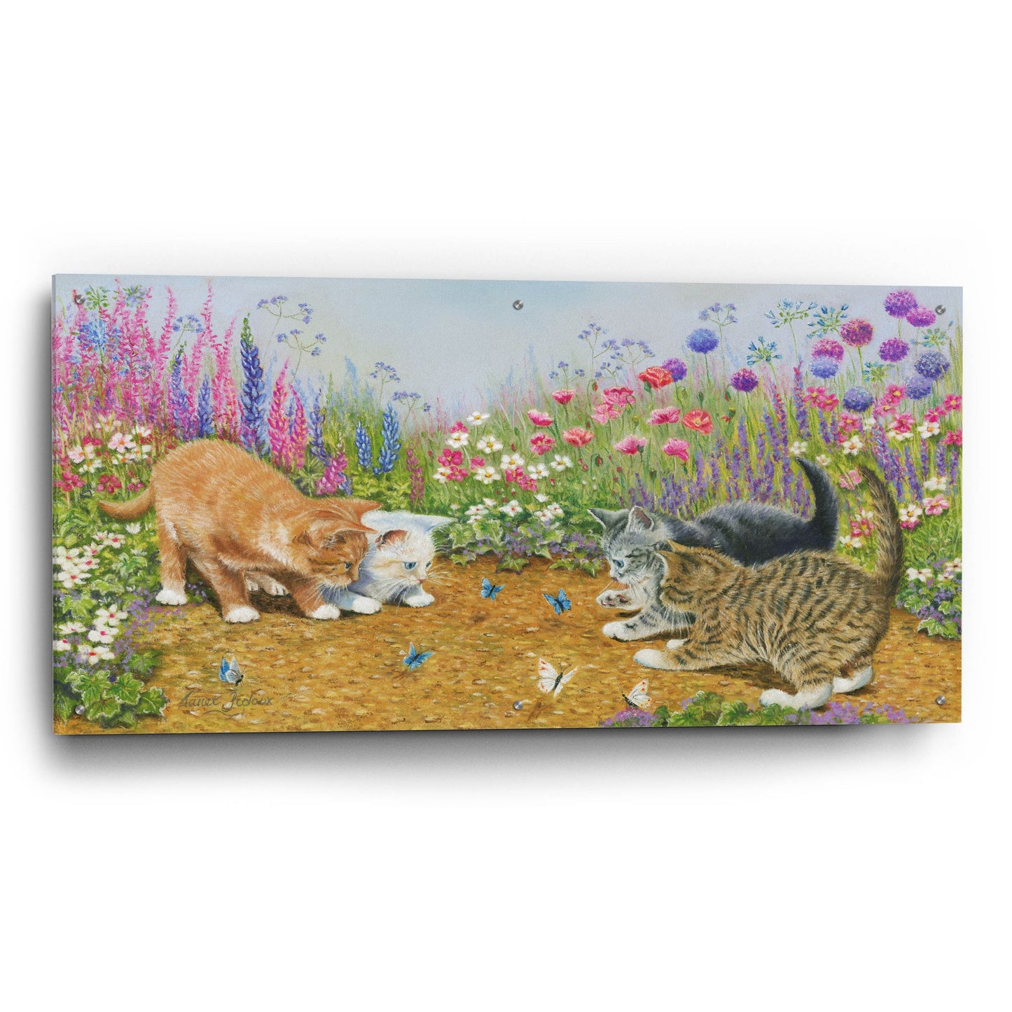 Epic Art 'Kittens And Butterflies' by Janet Pidoux, Acrylic Glass Wall Art,48x24