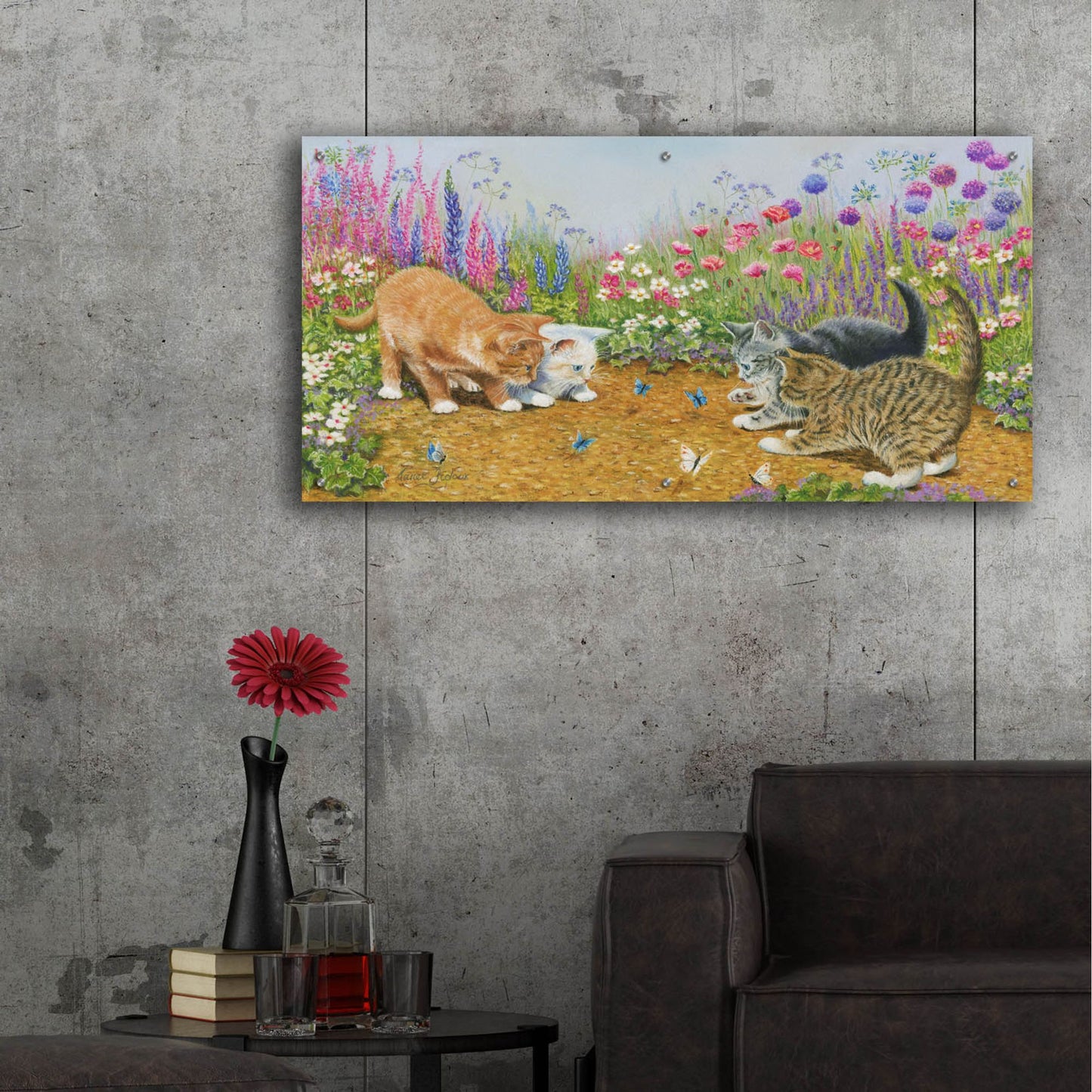 Epic Art 'Kittens And Butterflies' by Janet Pidoux, Acrylic Glass Wall Art,48x24