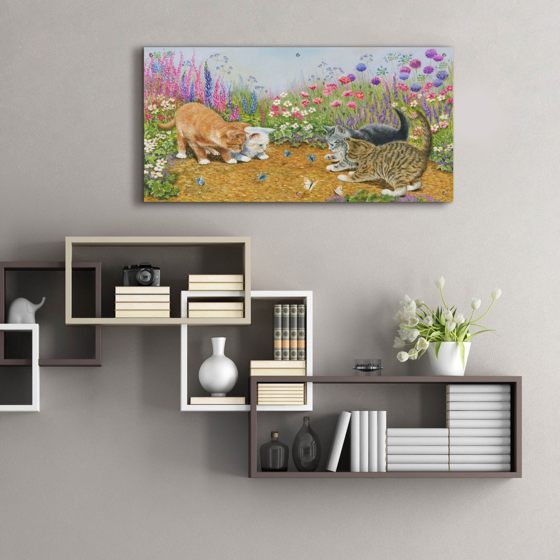 Epic Art 'Kittens And Butterflies' by Janet Pidoux, Acrylic Glass Wall Art,48x24