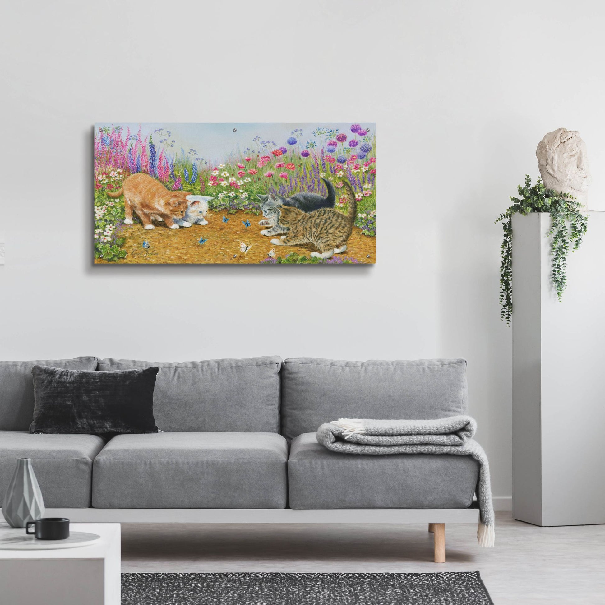 Epic Art 'Kittens And Butterflies' by Janet Pidoux, Acrylic Glass Wall Art,48x24