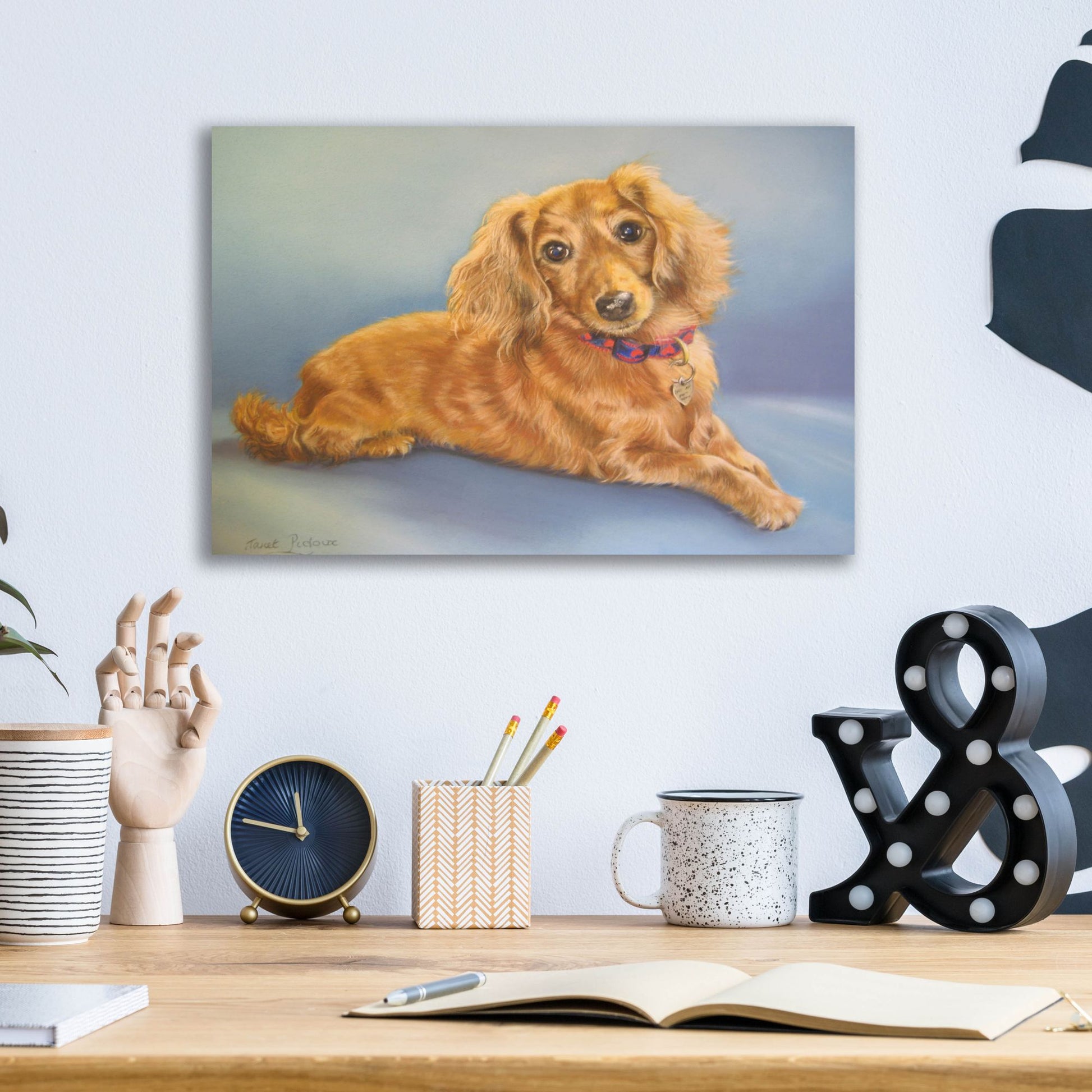 Epic Art 'Sophie, Blue Background' by Janet Pidoux, Acrylic Glass Wall Art,16x12