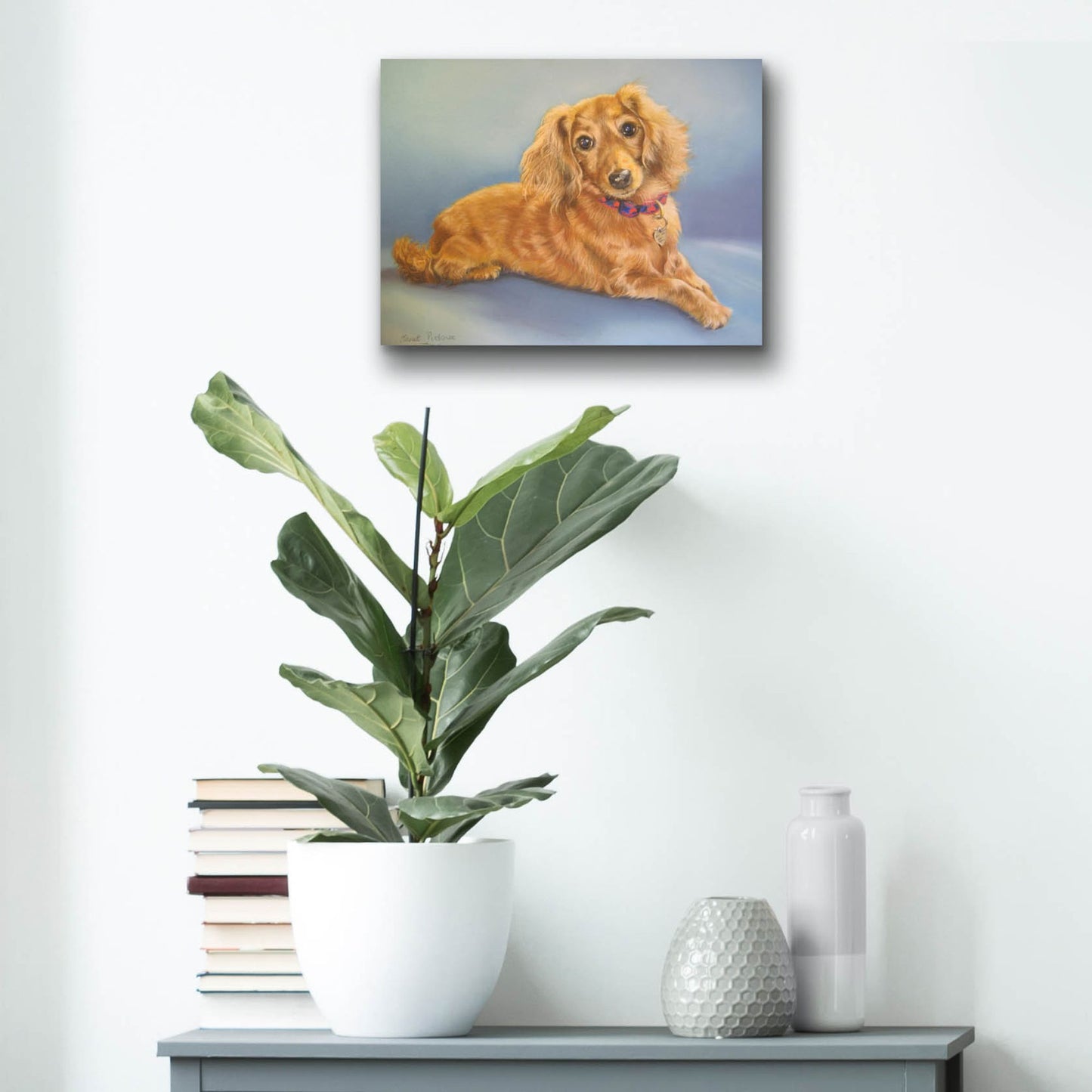 Epic Art 'Sophie, Blue Background' by Janet Pidoux, Acrylic Glass Wall Art,16x12