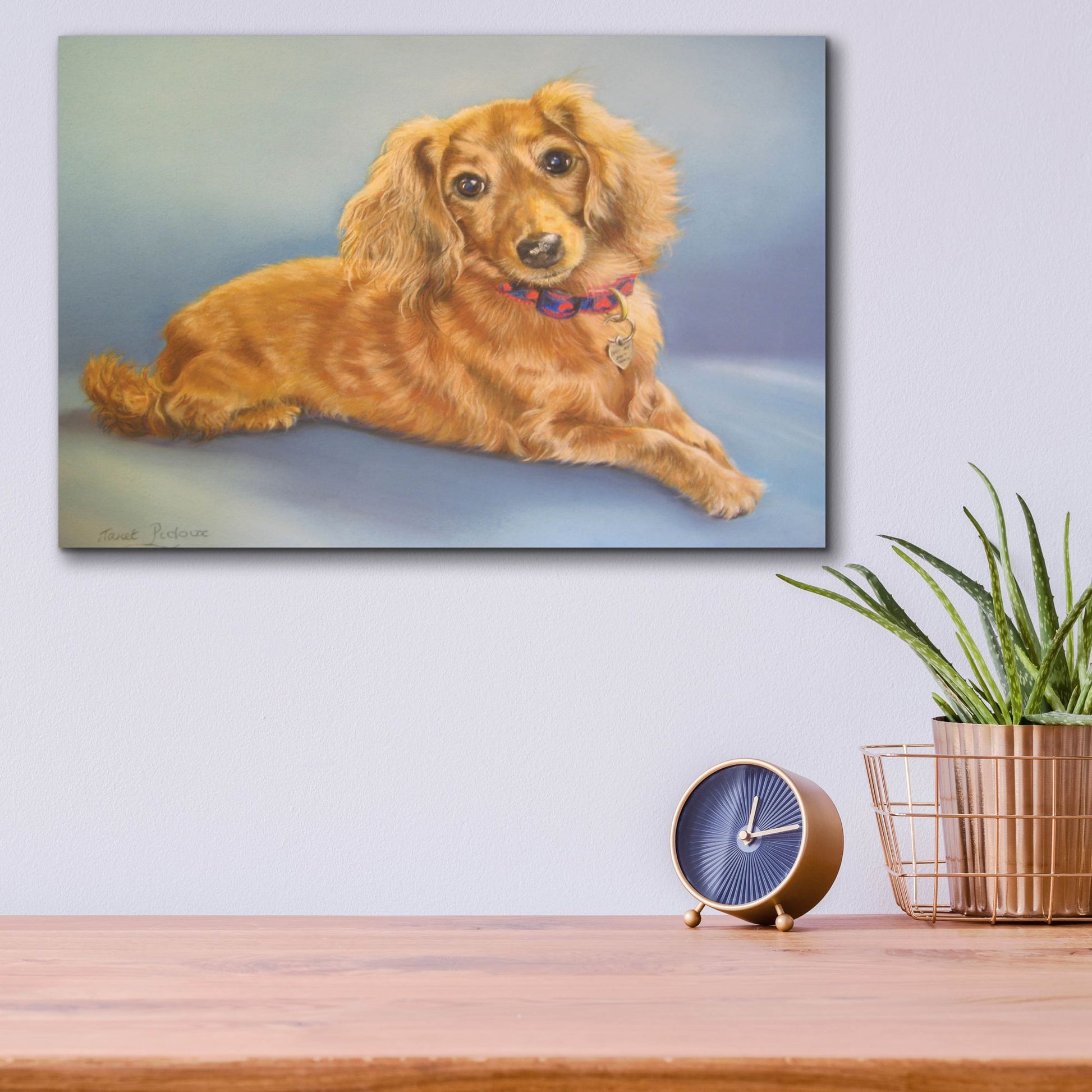 Epic Art 'Sophie, Blue Background' by Janet Pidoux, Acrylic Glass Wall Art,16x12