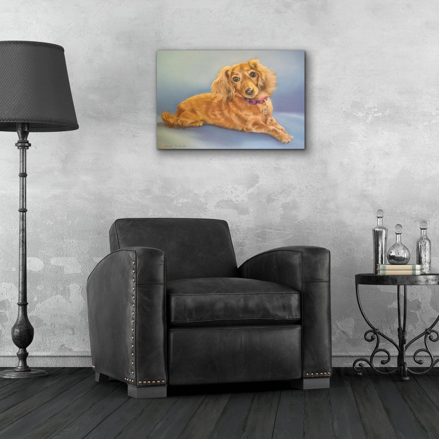Epic Art 'Sophie, Blue Background' by Janet Pidoux, Acrylic Glass Wall Art,24x16