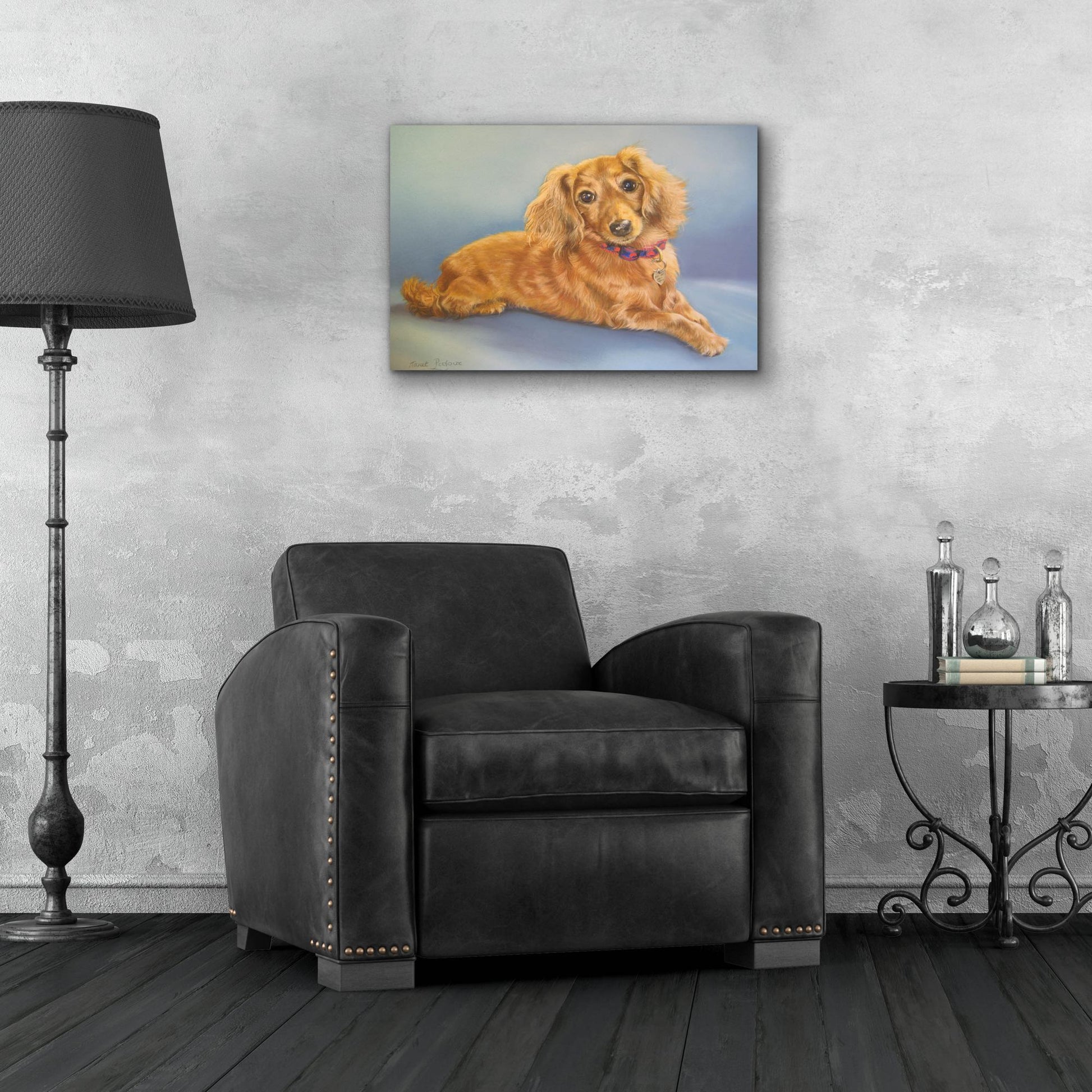 Epic Art 'Sophie, Blue Background' by Janet Pidoux, Acrylic Glass Wall Art,24x16