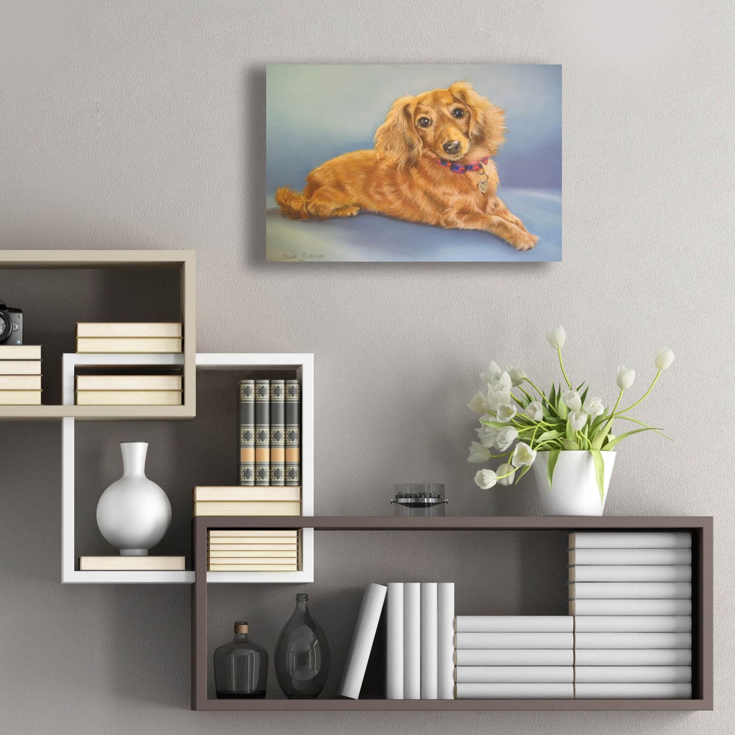 Epic Art 'Sophie, Blue Background' by Janet Pidoux, Acrylic Glass Wall Art,24x16