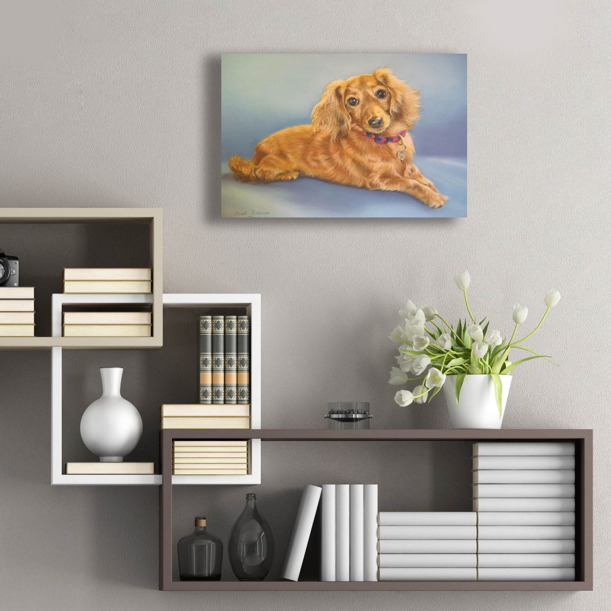 Epic Art 'Sophie, Blue Background' by Janet Pidoux, Acrylic Glass Wall Art,24x16