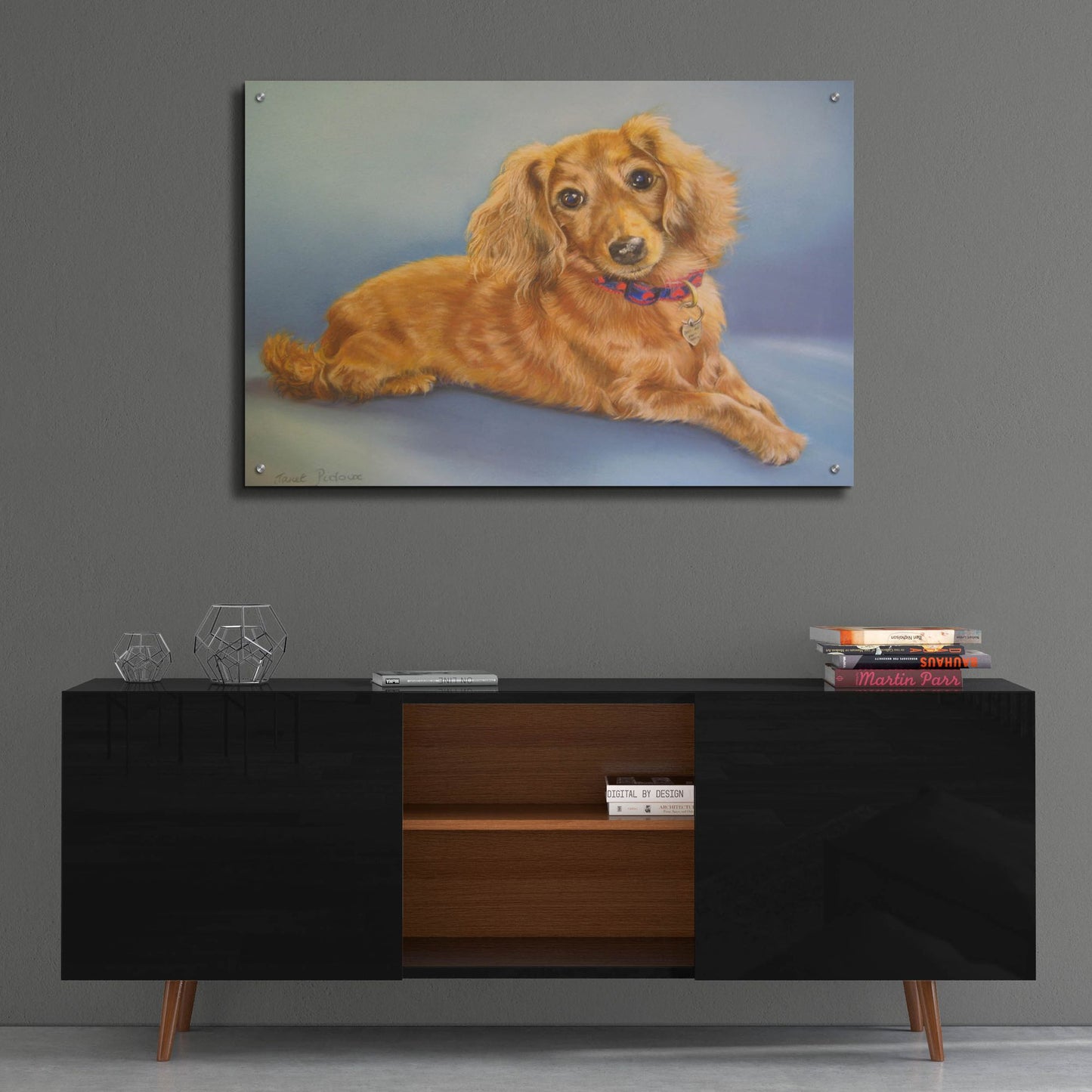 Epic Art 'Sophie, Blue Background' by Janet Pidoux, Acrylic Glass Wall Art,36x24