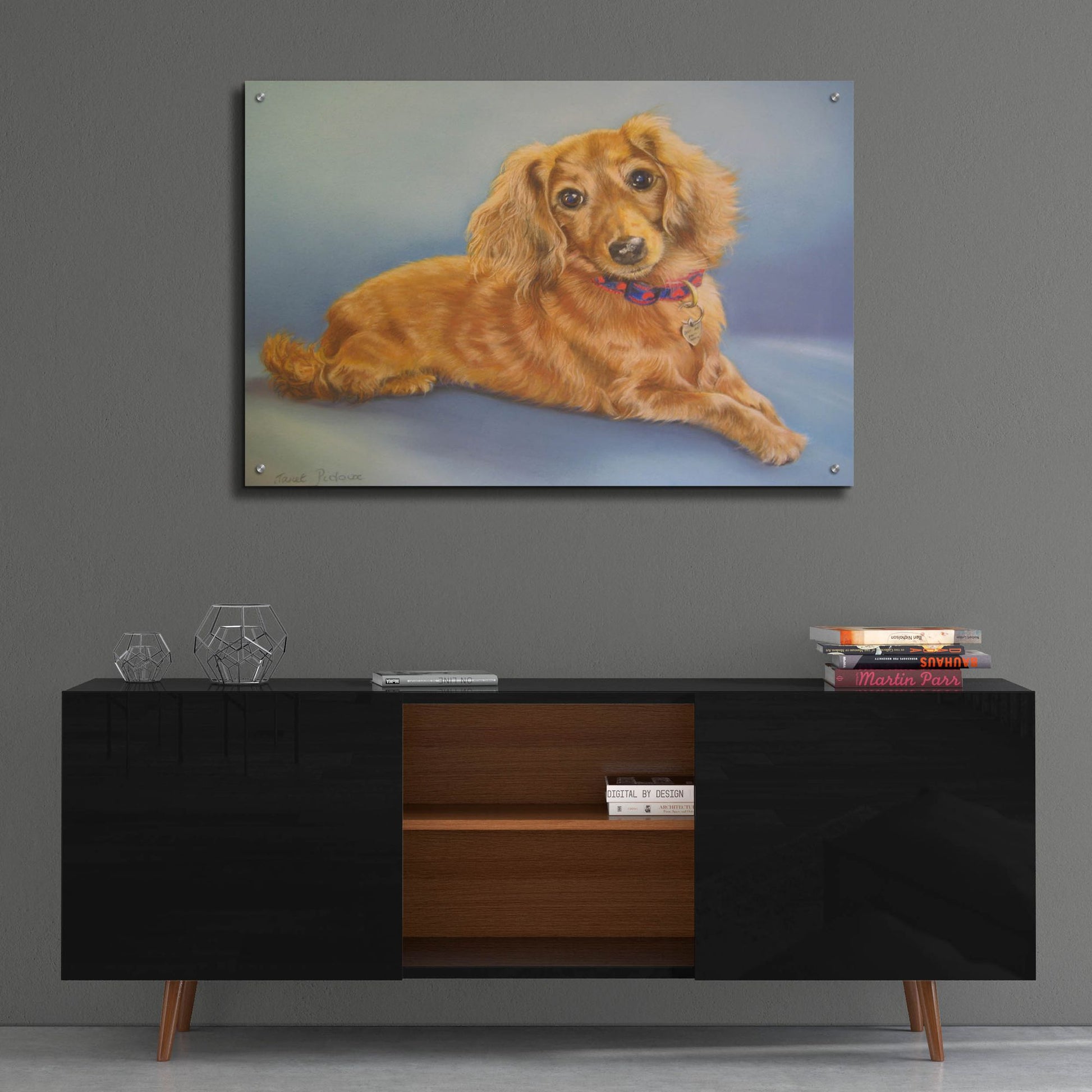 Epic Art 'Sophie, Blue Background' by Janet Pidoux, Acrylic Glass Wall Art,36x24