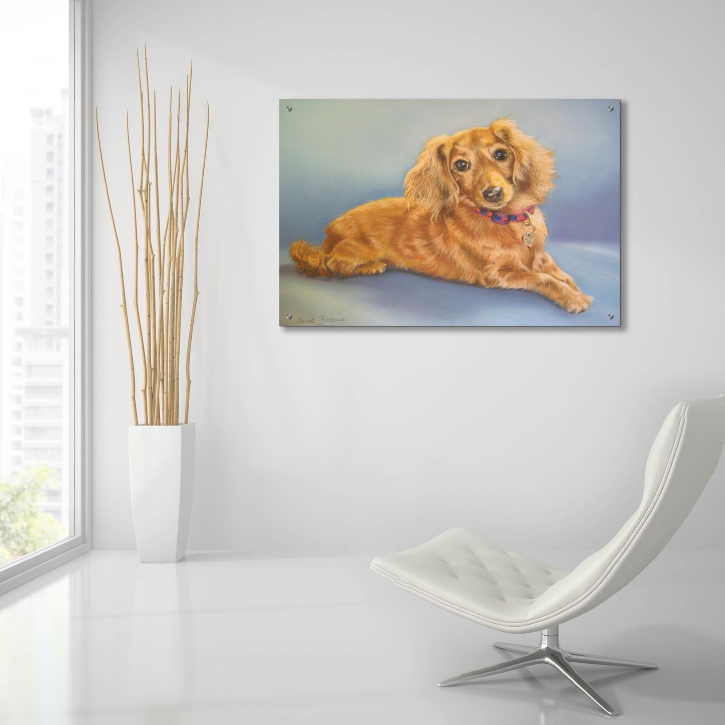 Epic Art 'Sophie, Blue Background' by Janet Pidoux, Acrylic Glass Wall Art,36x24