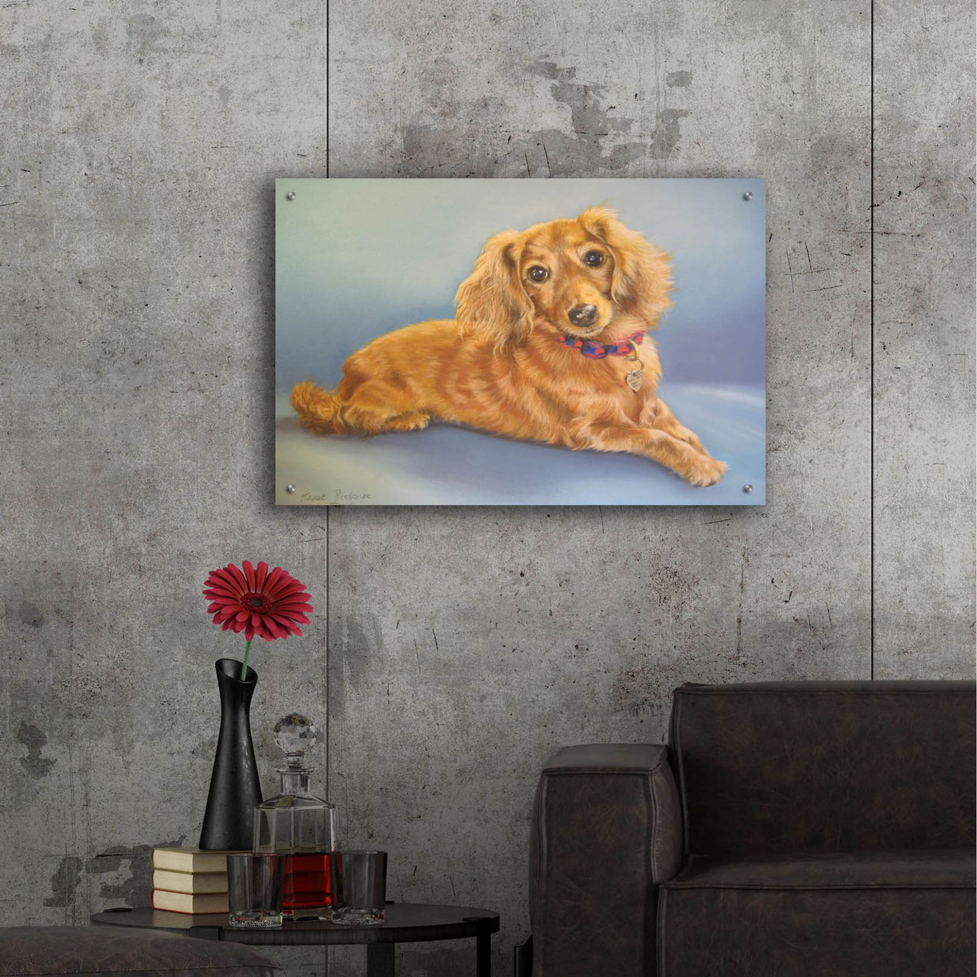 Epic Art 'Sophie, Blue Background' by Janet Pidoux, Acrylic Glass Wall Art,36x24