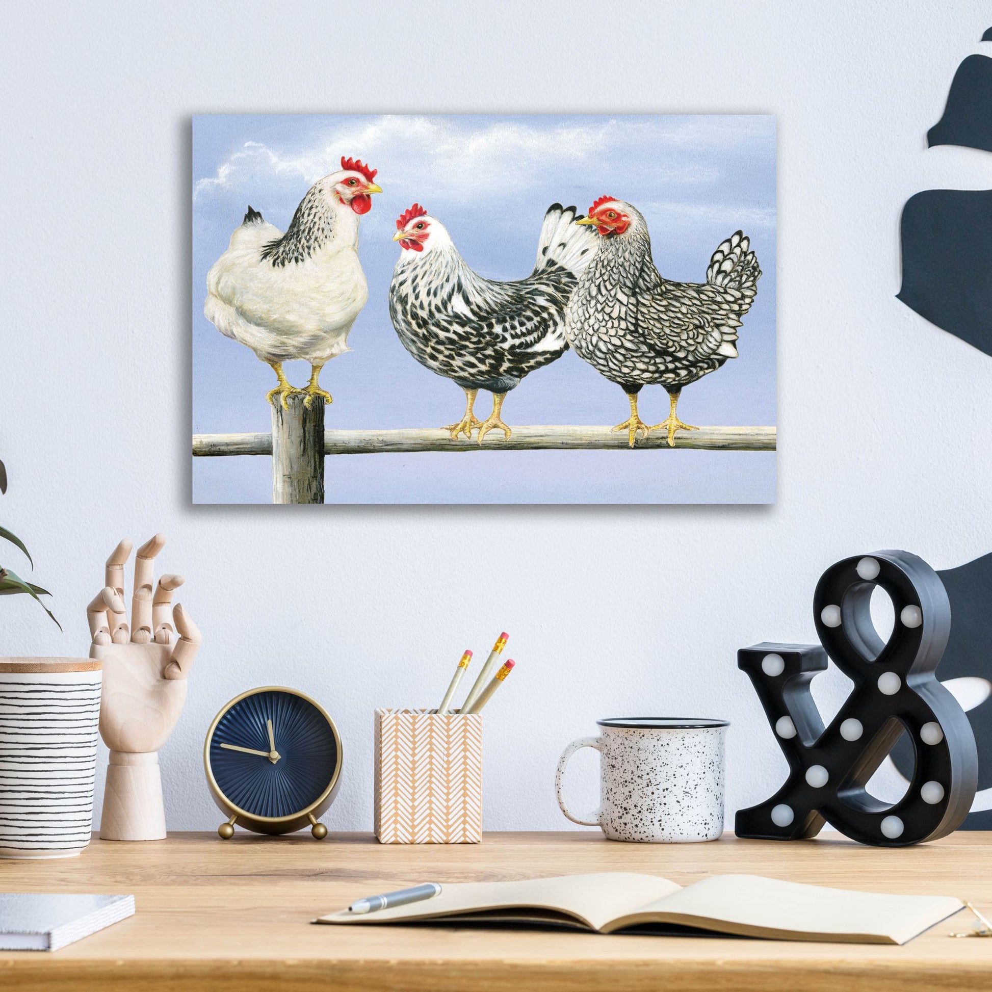 Epic Art 'Three Black & White Hens' by Janet Pidoux, Acrylic Glass Wall Art,16x12