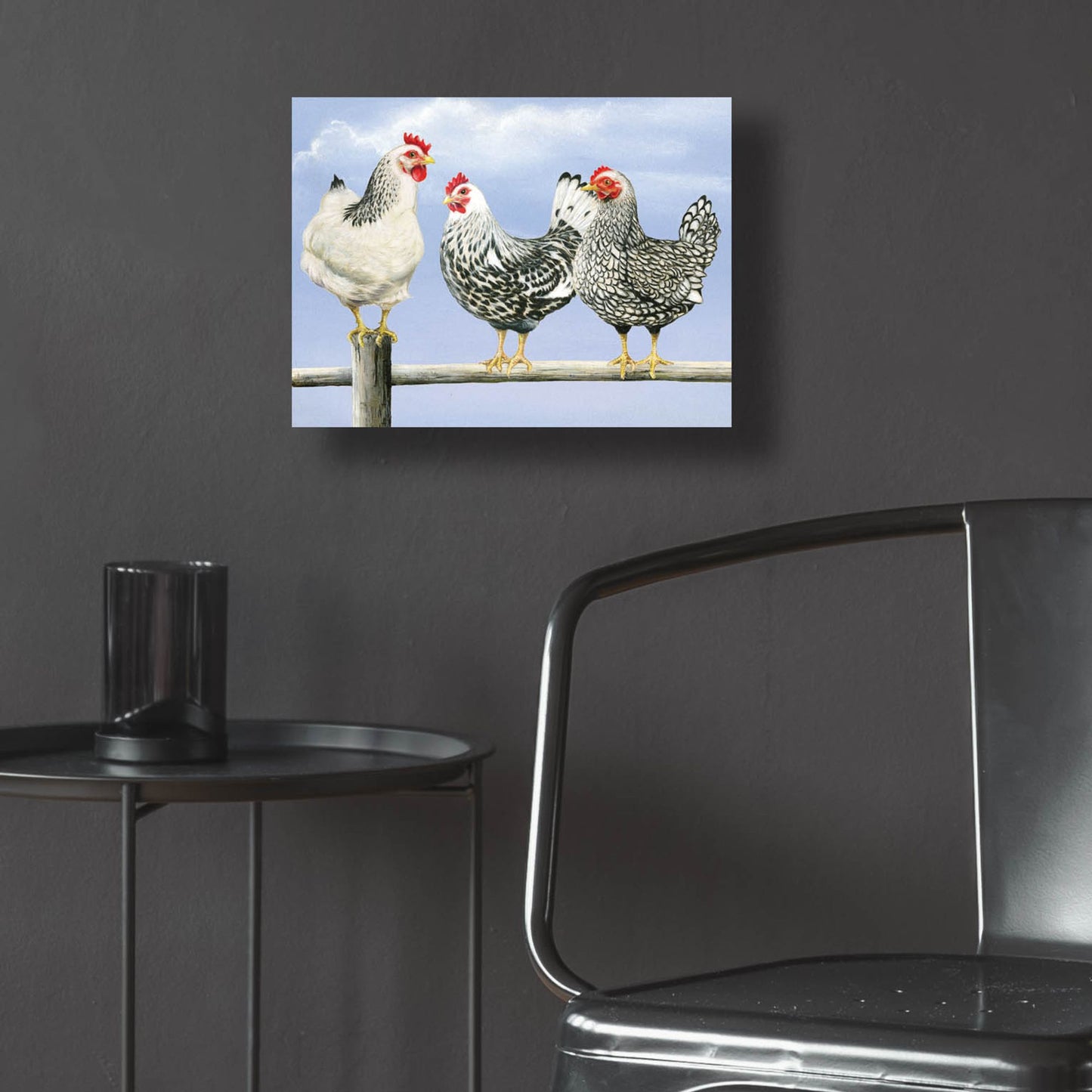 Epic Art 'Three Black & White Hens' by Janet Pidoux, Acrylic Glass Wall Art,16x12