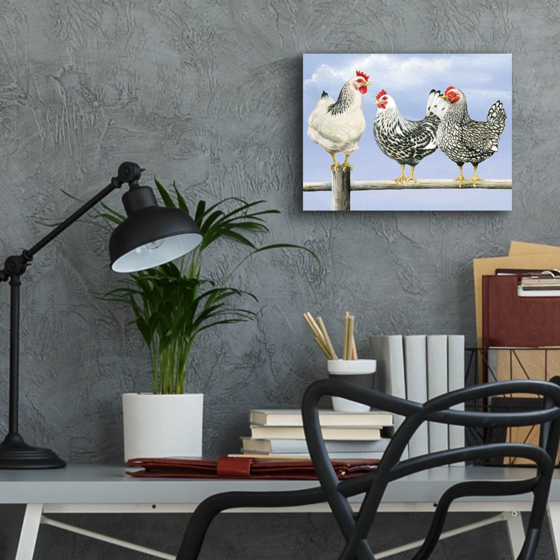 Epic Art 'Three Black & White Hens' by Janet Pidoux, Acrylic Glass Wall Art,16x12