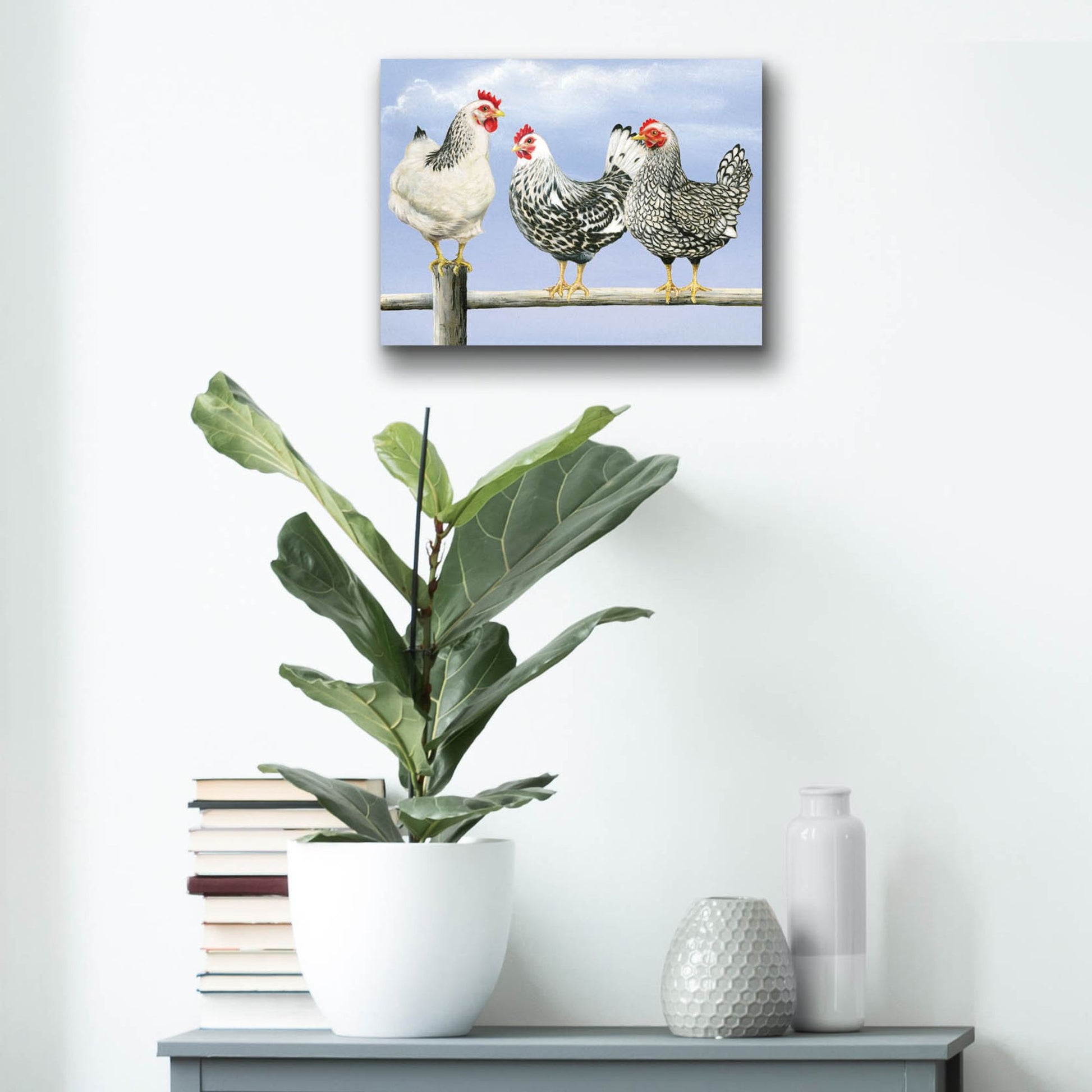 Epic Art 'Three Black & White Hens' by Janet Pidoux, Acrylic Glass Wall Art,16x12