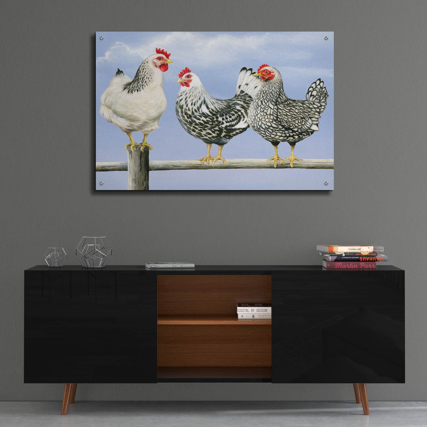 Epic Art 'Three Black & White Hens' by Janet Pidoux, Acrylic Glass Wall Art,36x24