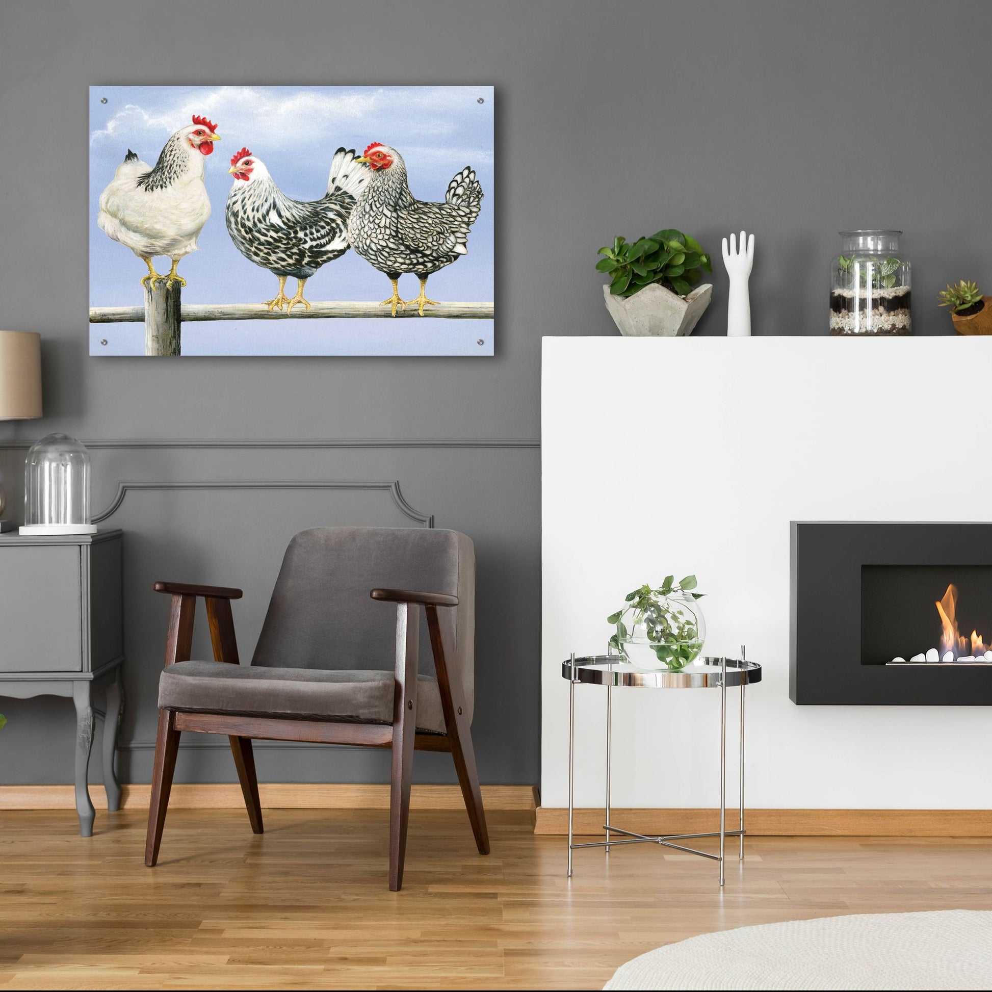 Epic Art 'Three Black & White Hens' by Janet Pidoux, Acrylic Glass Wall Art,36x24