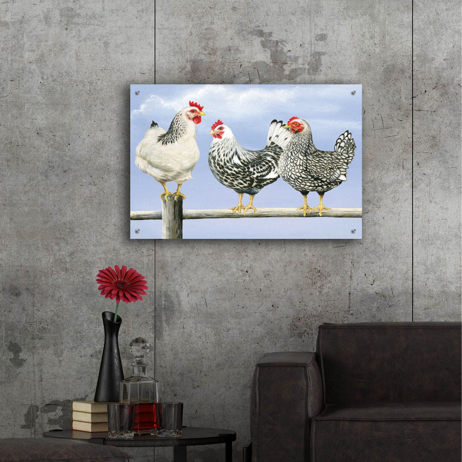 Epic Art 'Three Black & White Hens' by Janet Pidoux, Acrylic Glass Wall Art,36x24