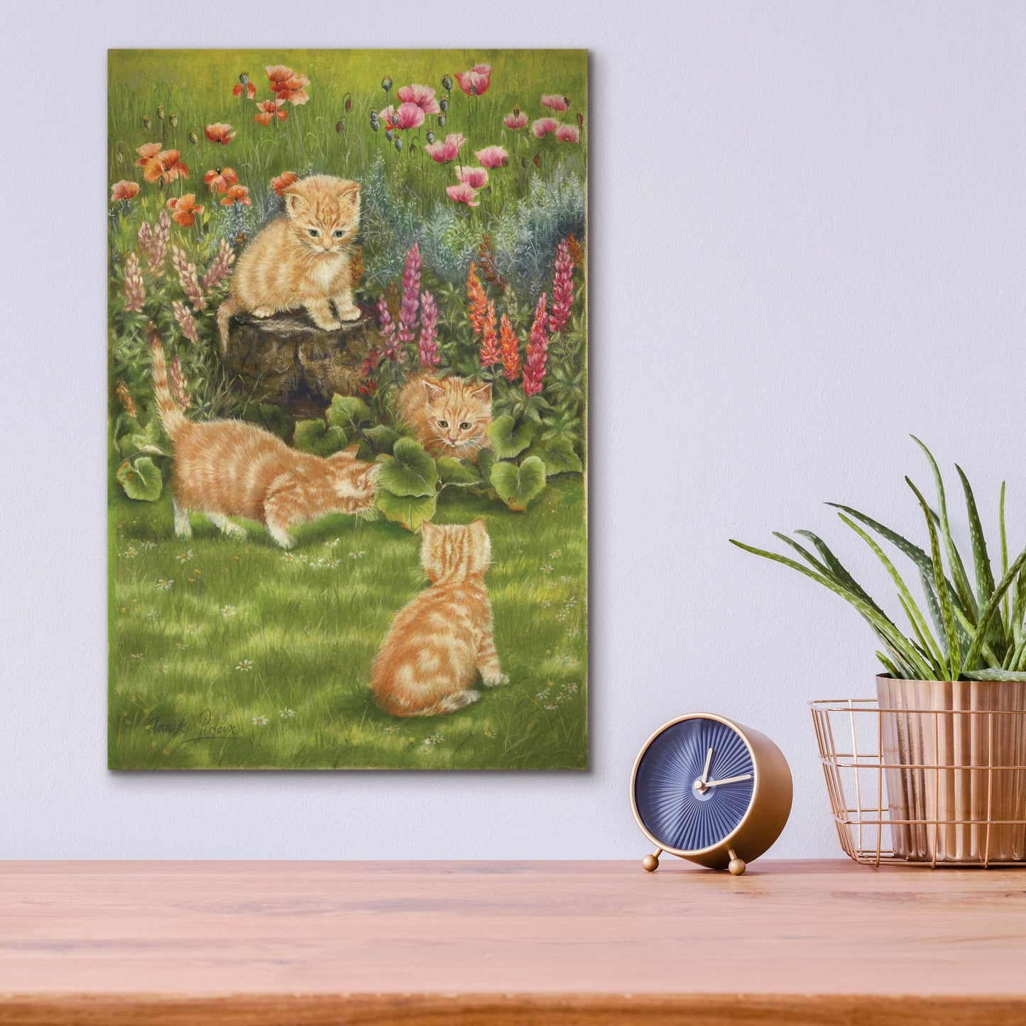 Epic Art 'Kittens In The Garden' by Janet Pidoux, Acrylic Glass Wall Art,12x16