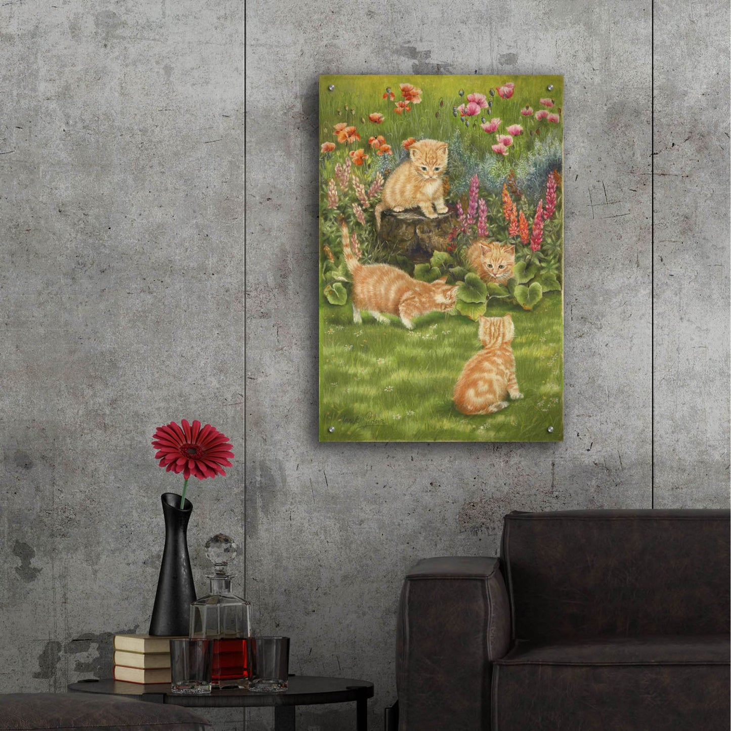 Epic Art 'Kittens In The Garden' by Janet Pidoux, Acrylic Glass Wall Art,24x36