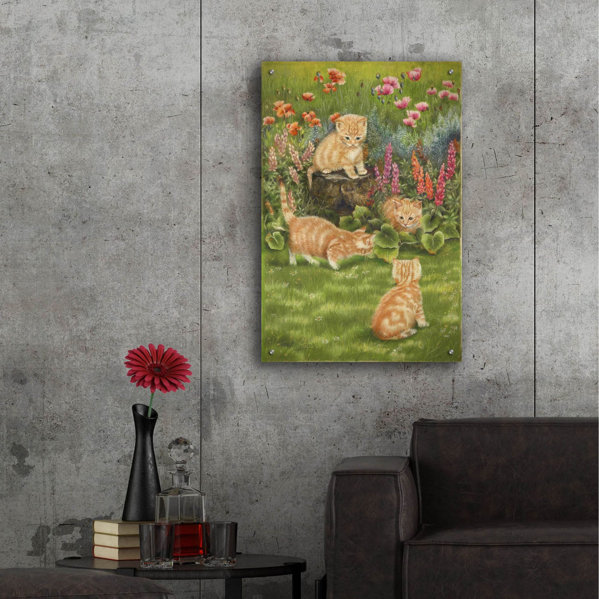 Epic Art 'Kittens In The Garden' by Janet Pidoux, Acrylic Glass Wall Art,24x36