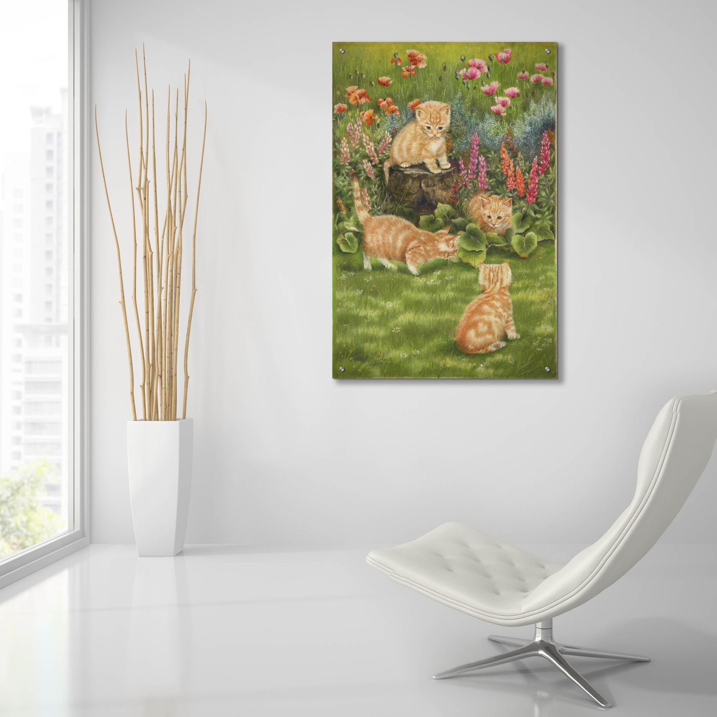 Epic Art 'Kittens In The Garden' by Janet Pidoux, Acrylic Glass Wall Art,24x36