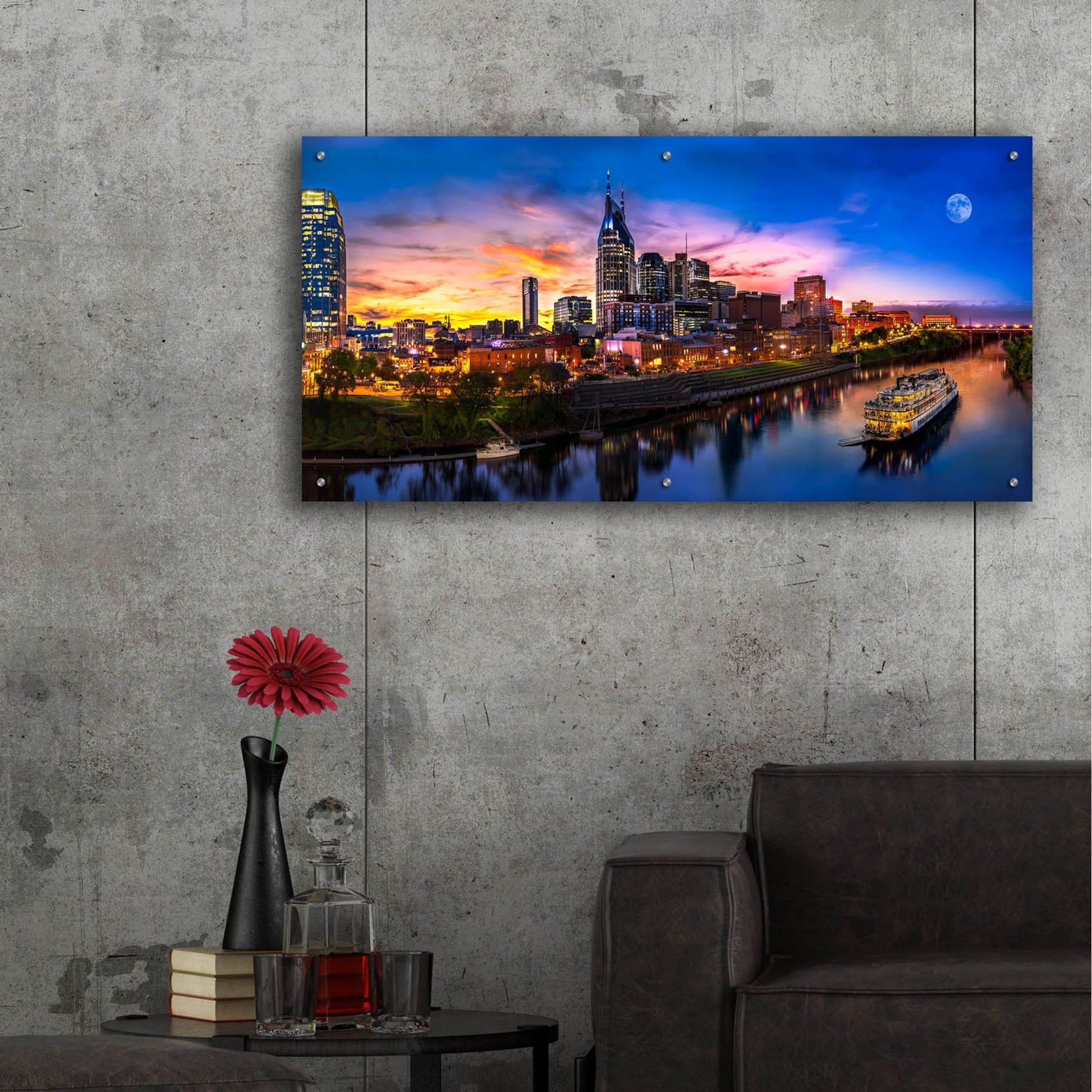 Epic Art 'Moon Over Nashville' by Jonathan Ross, Acrylic Glass Wall Art,48x24