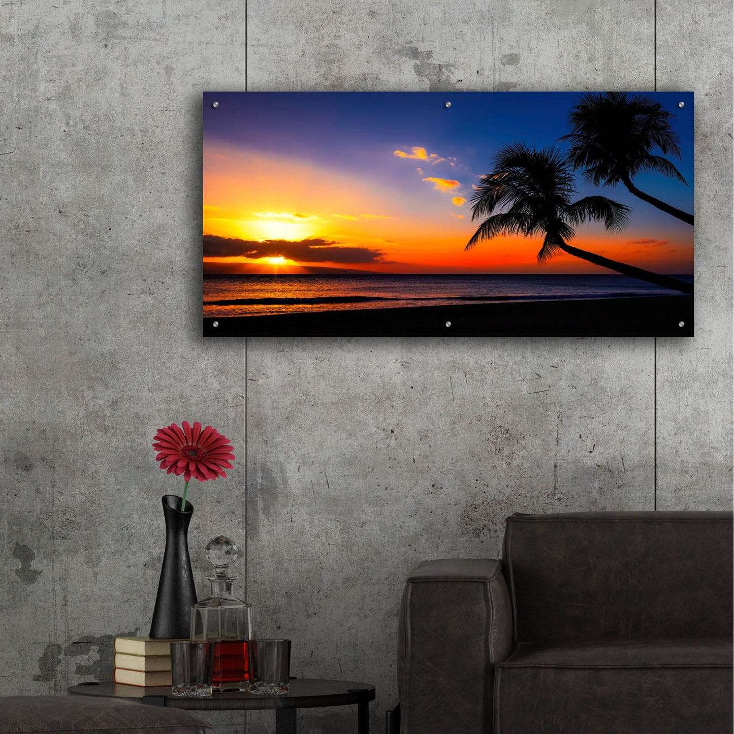 Epic Art 'Palm Trees Sunset' by Jonathan Ross, Acrylic Glass Wall Art,48x24