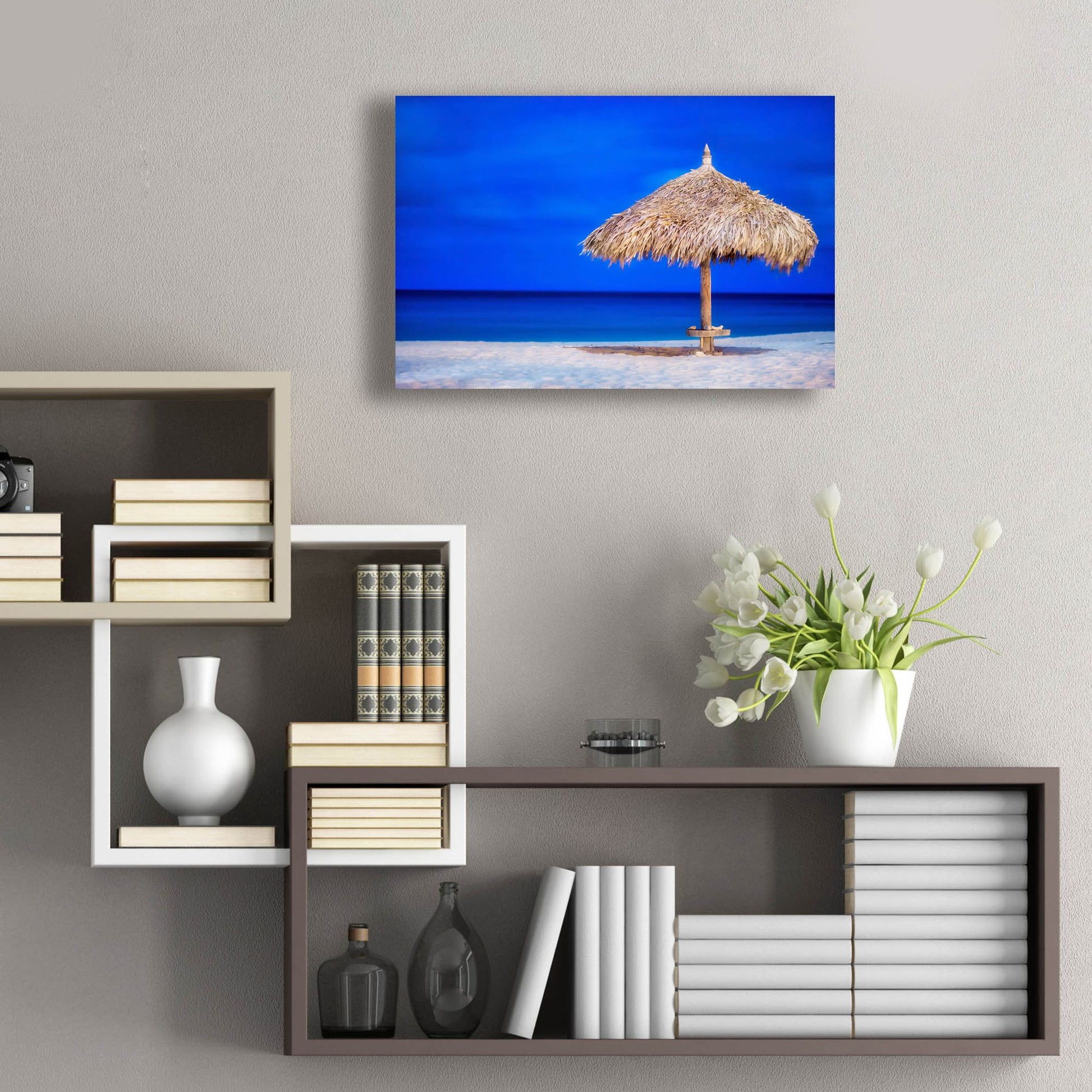 Epic Art 'Aruba Beach Umbrella' by Mark A Paulda, Acrylic Glass Wall Art,24x16